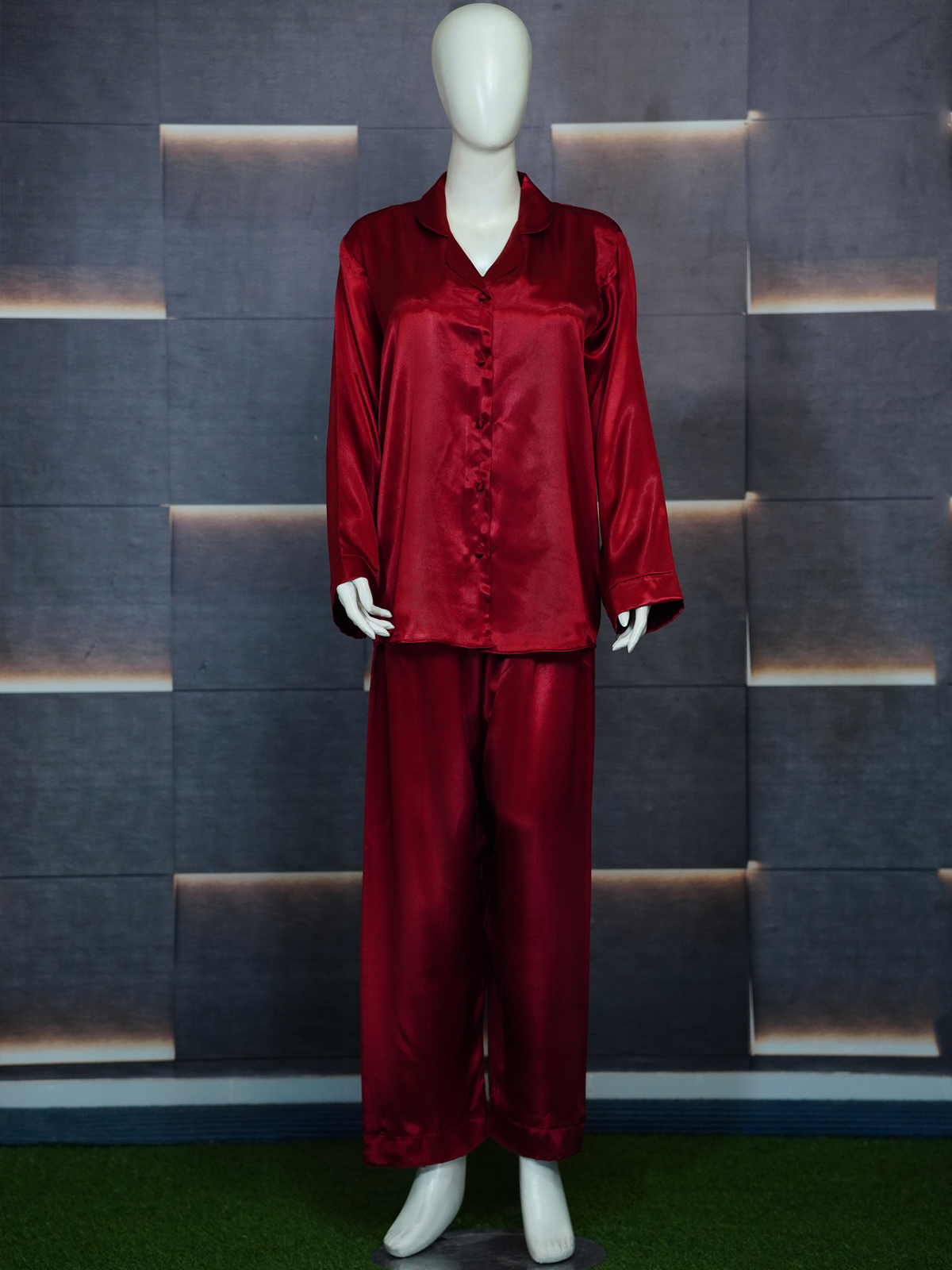 Women’s Maroon Silk Night Suit – Full Sleeves & Trouser Set