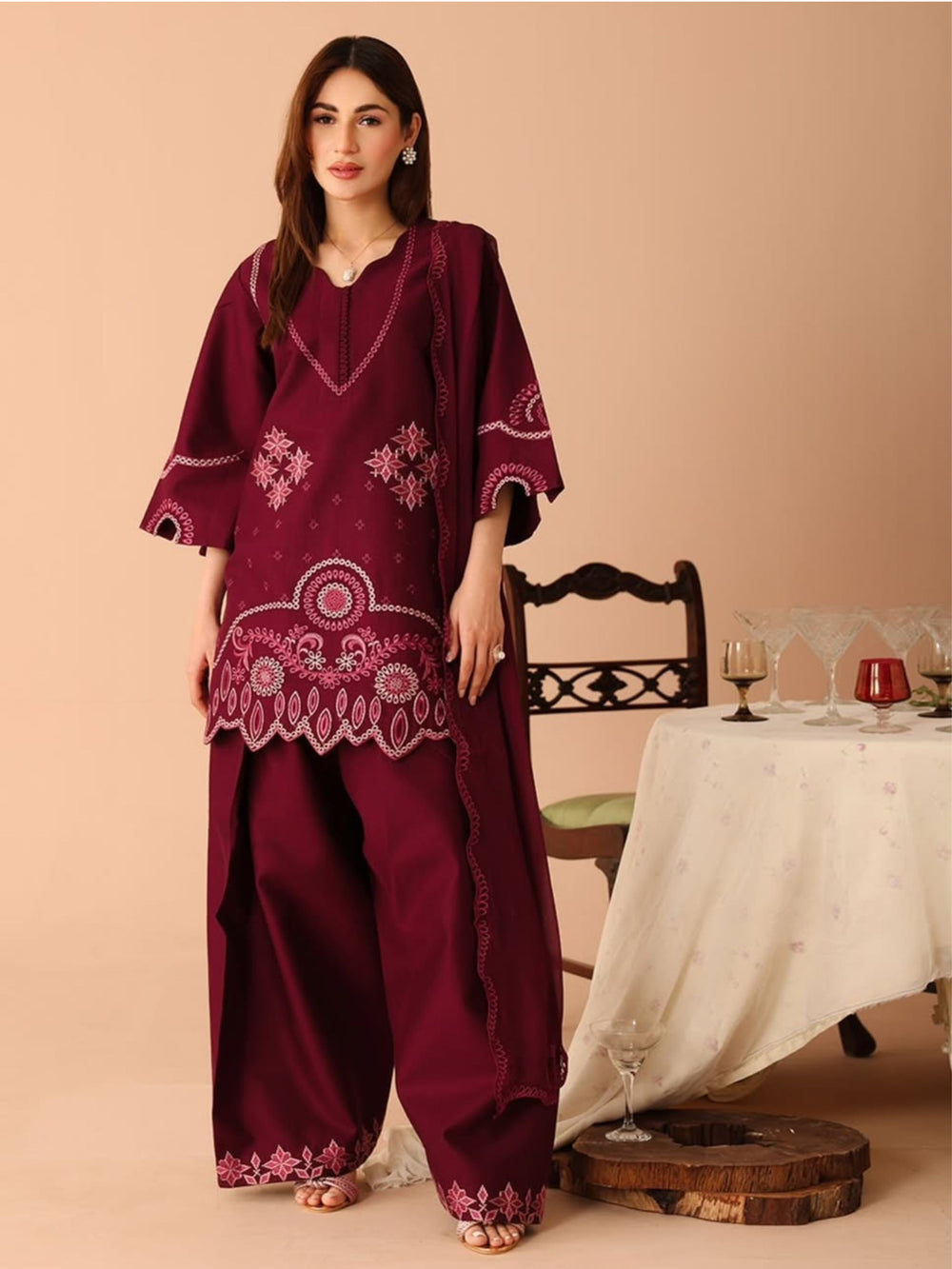 Maroon Cutwork – 3 Piece Suit - Brands Kahani