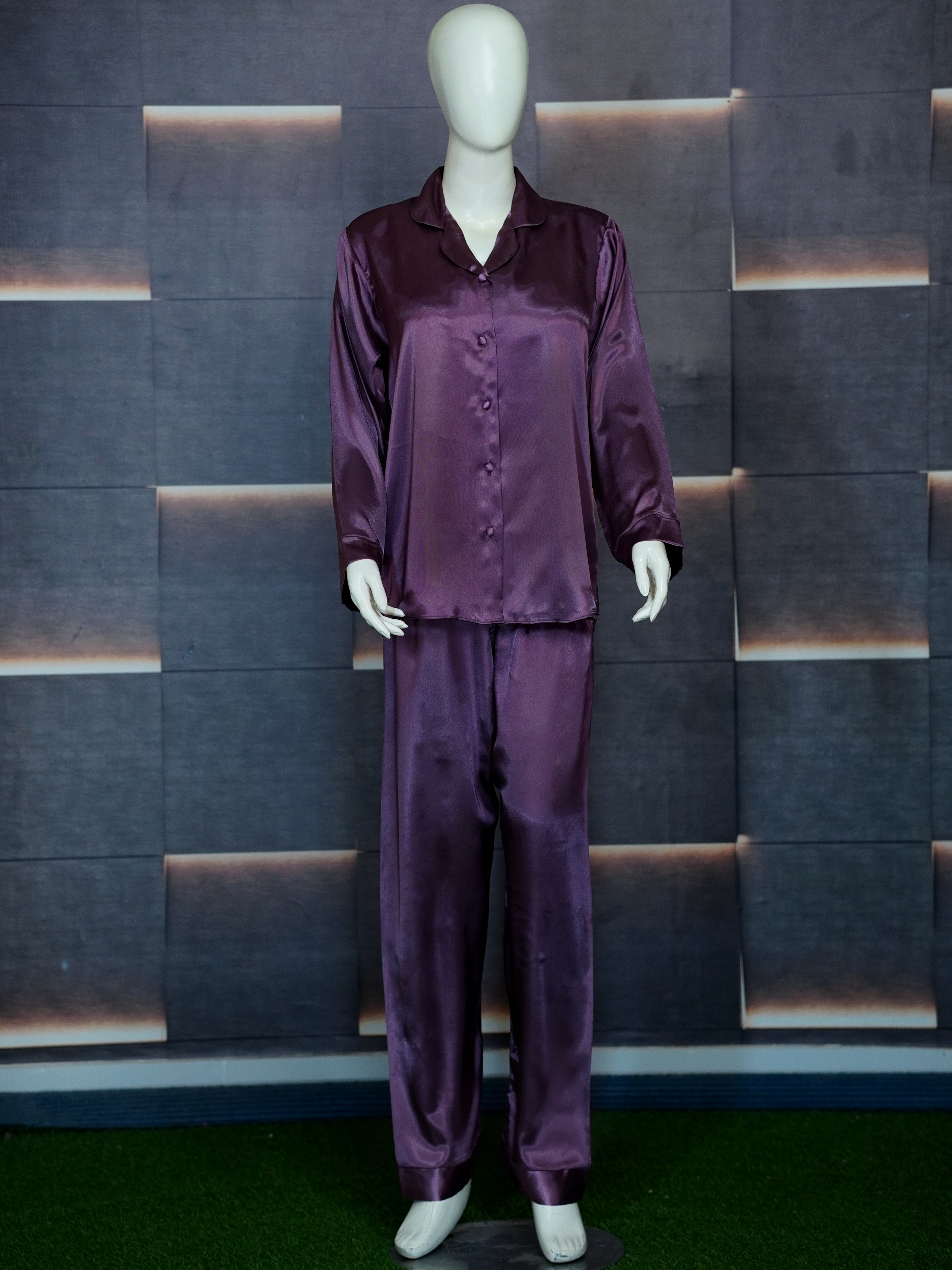 Women’s Maroon Silk Night Suit – Full Sleeves & Trouser Set