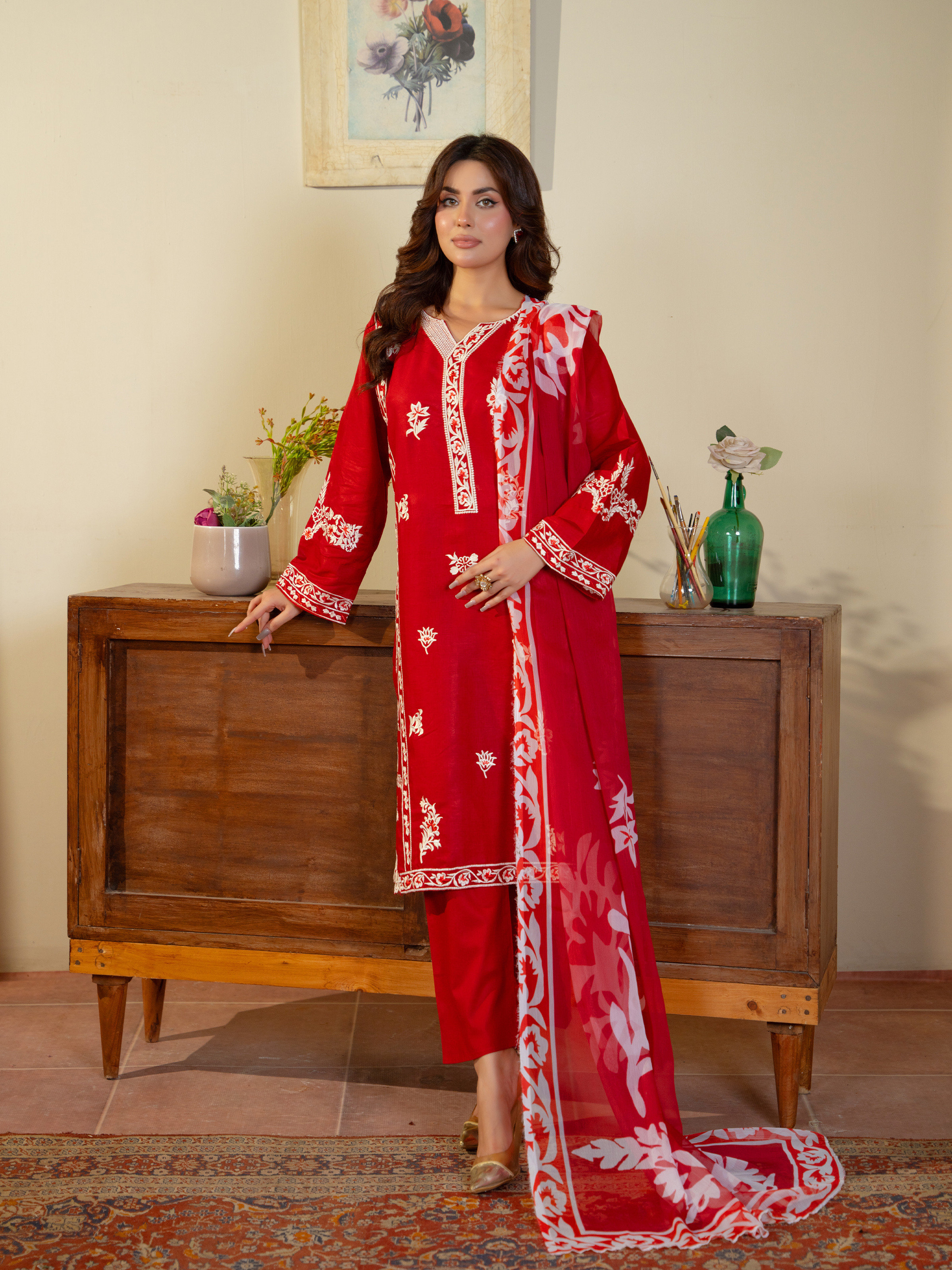 Red Embroidered Lawn Suit with Floral Dupatta – Kahani47