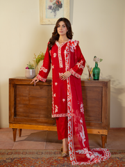 Red Embroidered Lawn Suit with Floral Dupatta – Kahani47