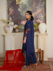 Embroidered Navy 3-Piece Suit with Red Detail – Kahani 47