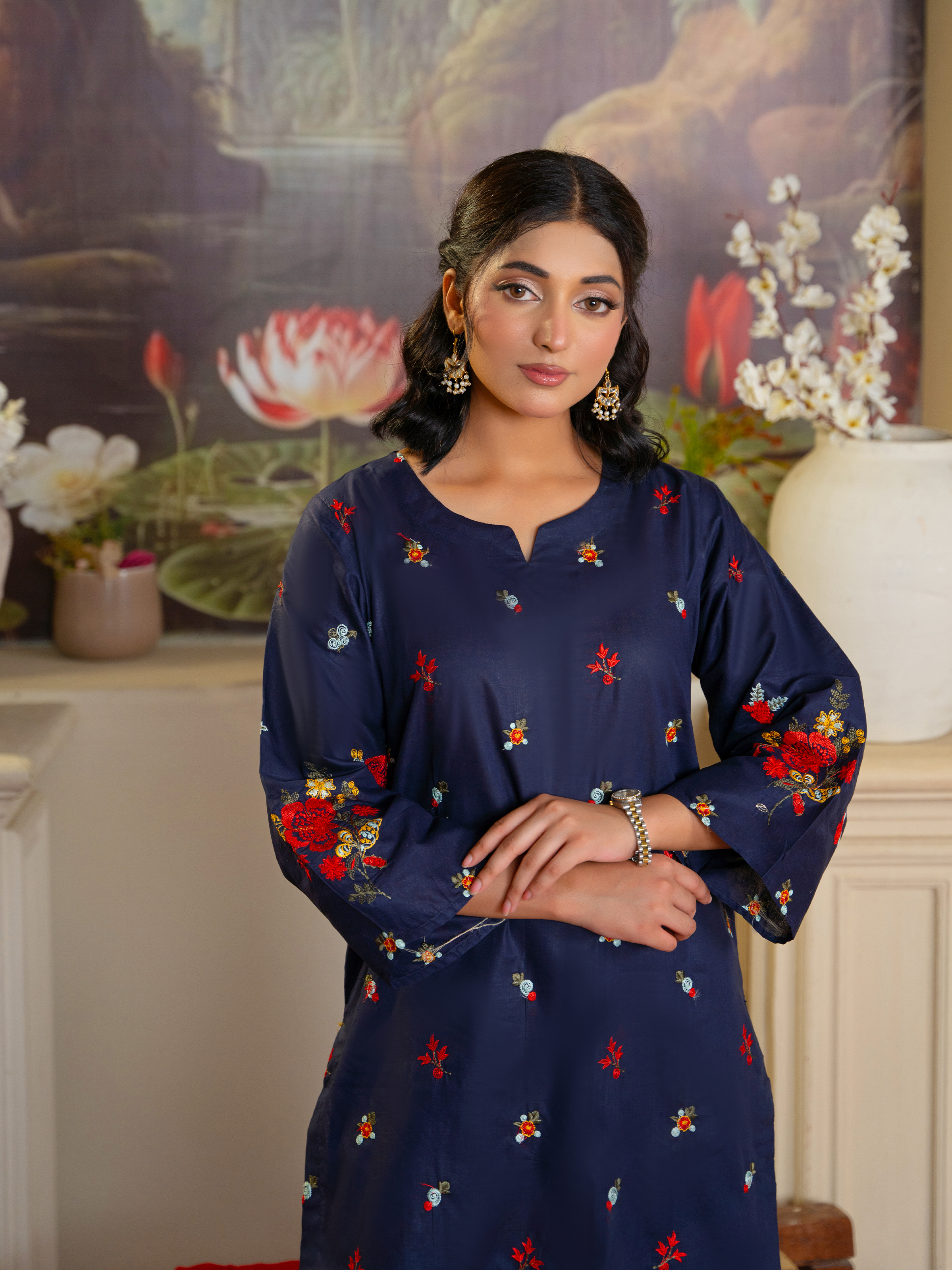 Embroidered Navy 3-Piece Suit with Red Detail – Kahani 47