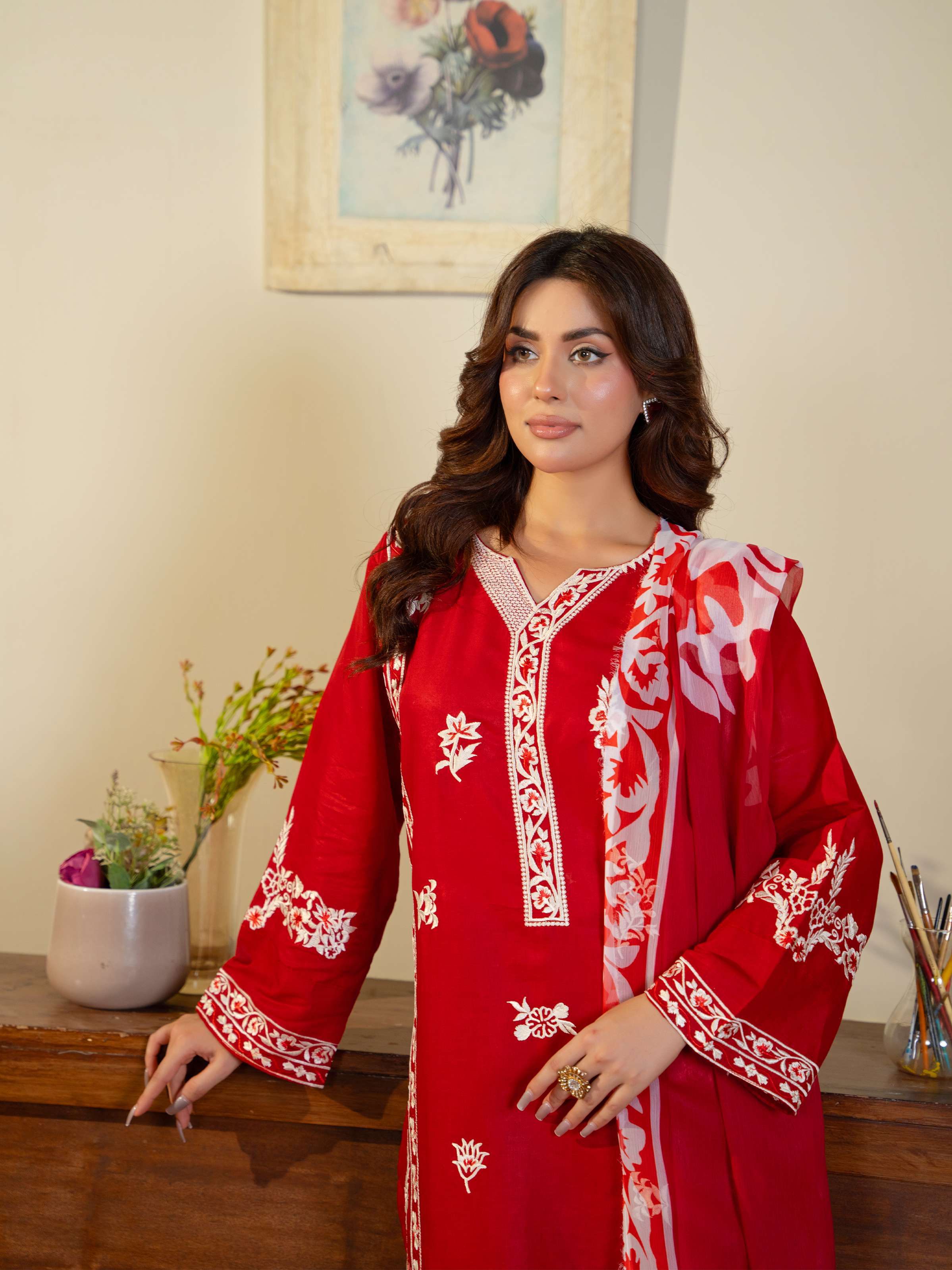Red Embroidered Lawn Suit with Floral Dupatta – Kahani47