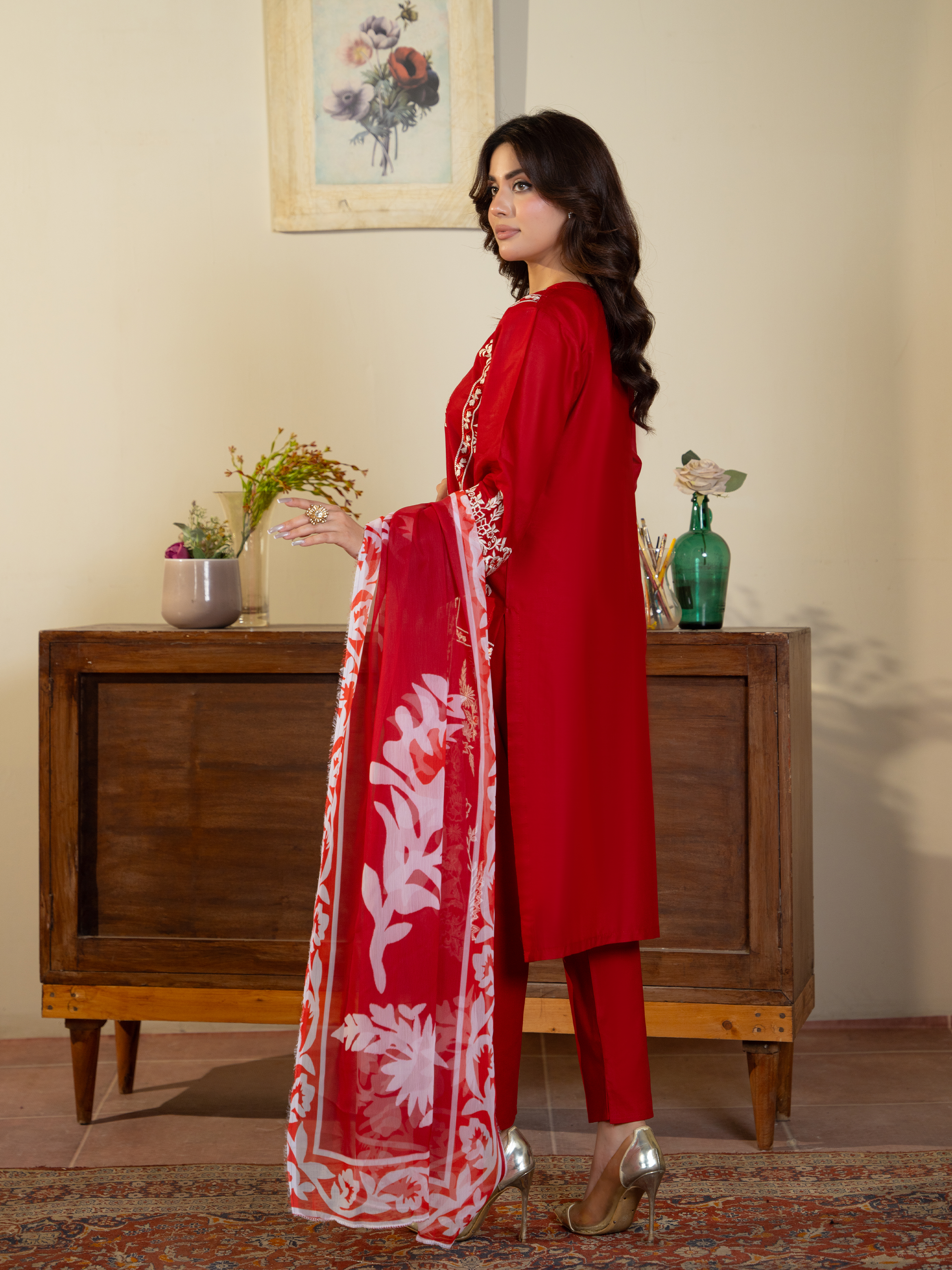 Red Embroidered Lawn Suit with Floral Dupatta – Kahani47