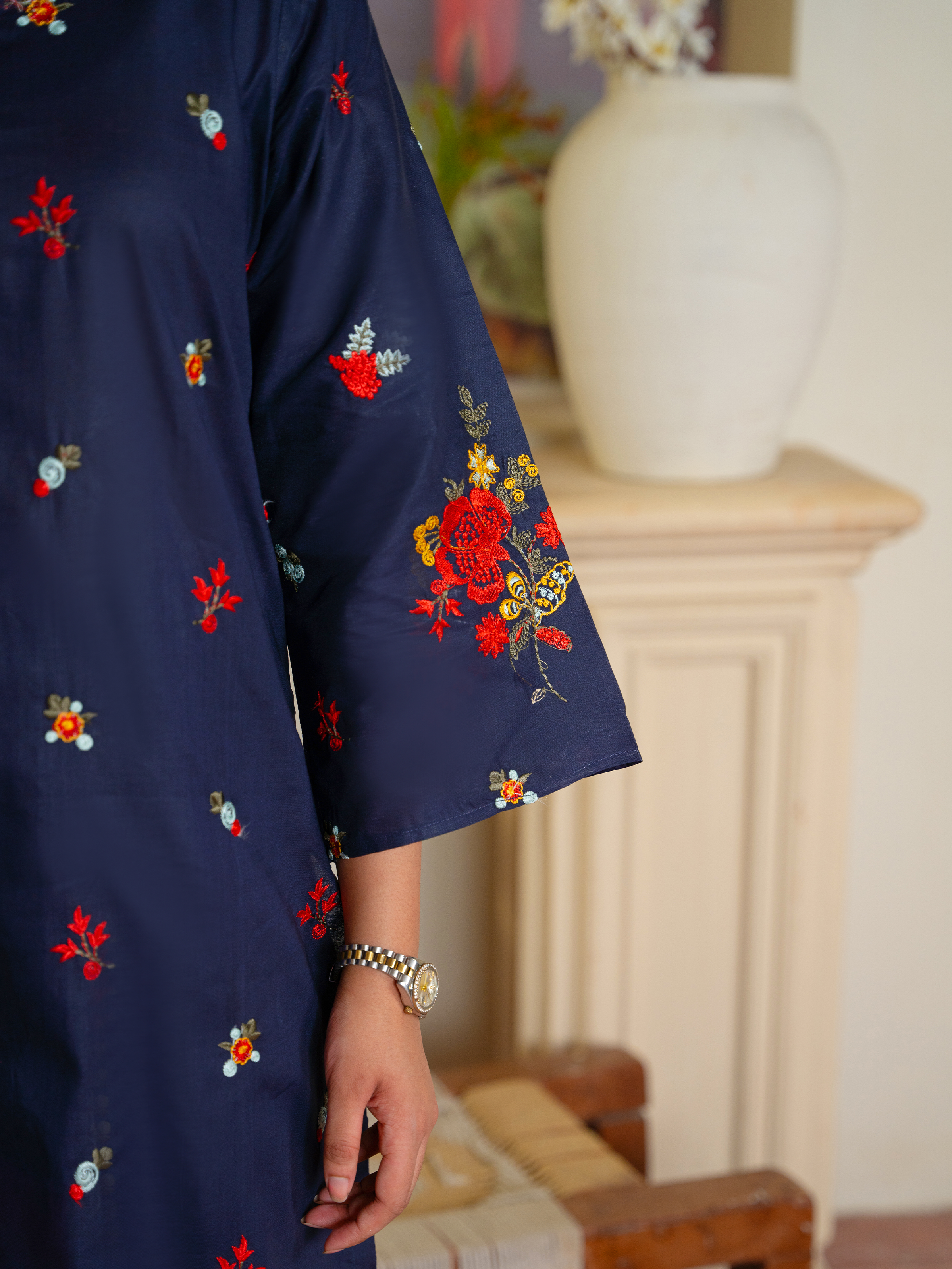 Embroidered Navy 3-Piece Suit with Red Detail – Kahani 47