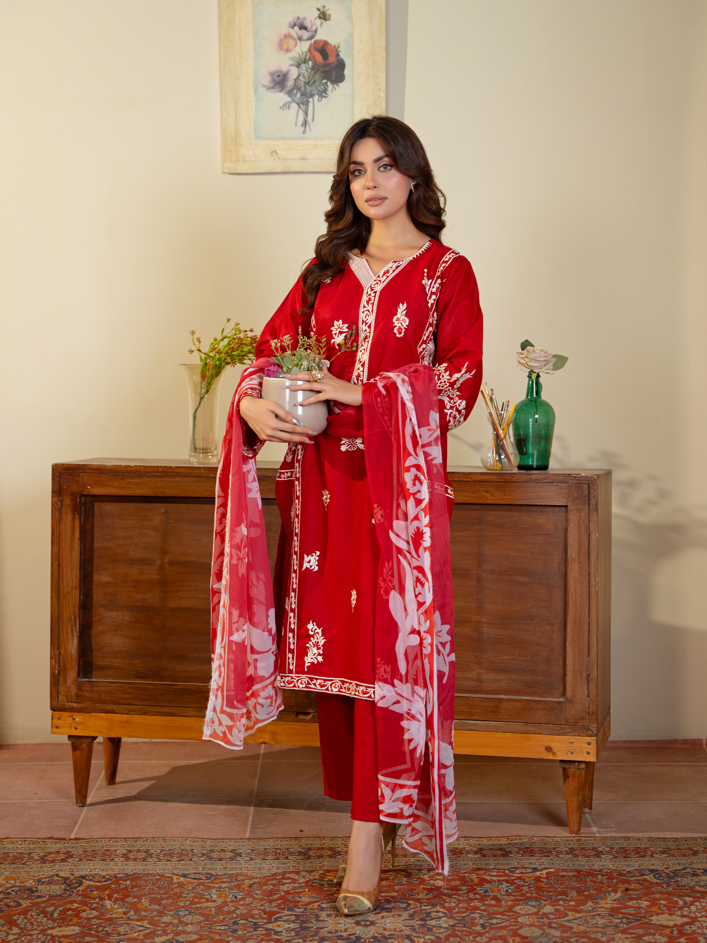 Red Embroidered Lawn Suit with Floral Dupatta – Kahani47