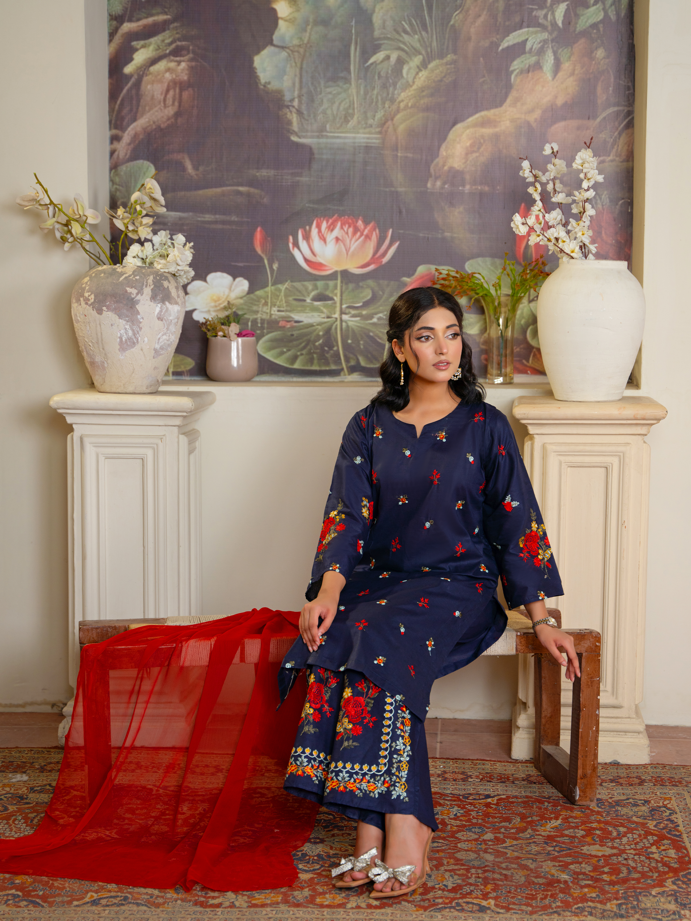 Embroidered Navy 3-Piece Suit with Red Detail – Kahani 47