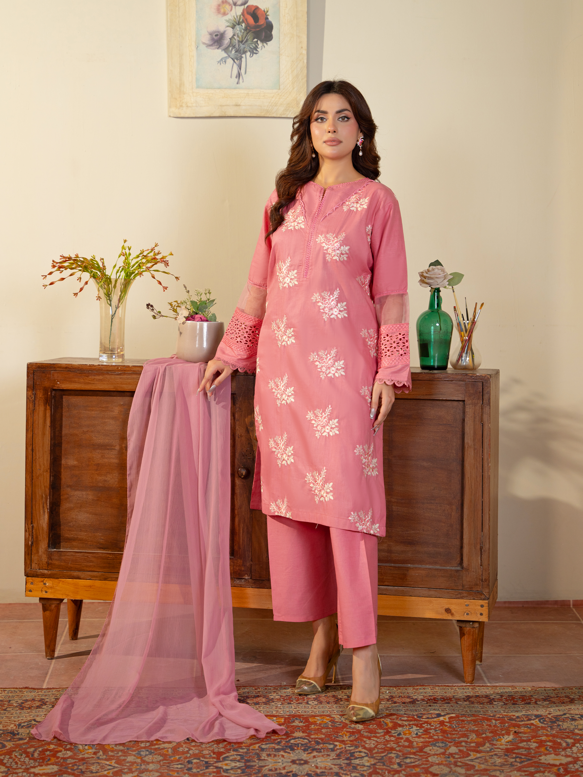 Pink Embroidered 3-Piece Suit – Kahani 47 Premium