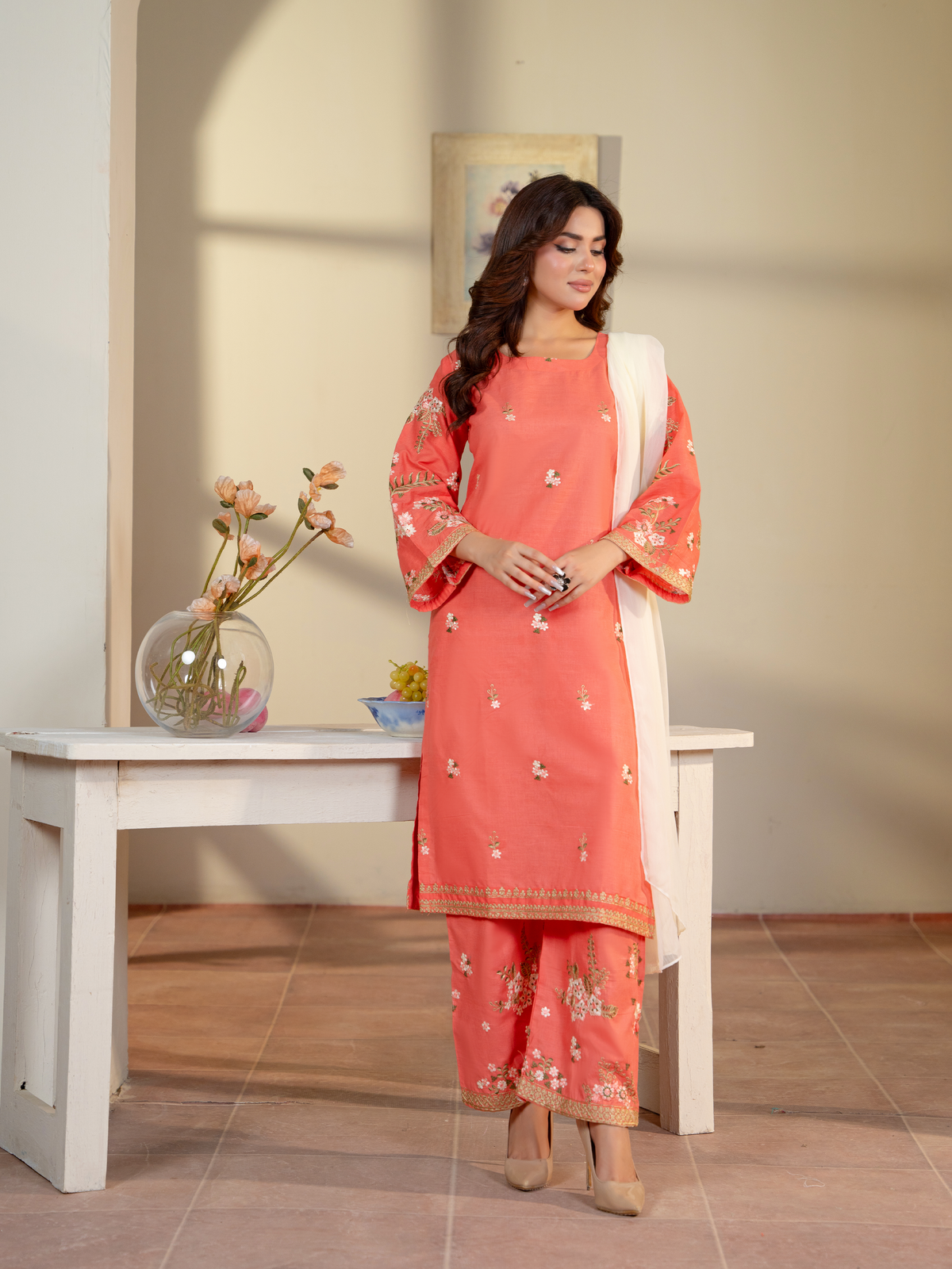 Coral Embroidered Lawn Suit with White Dupatta – Kahani47