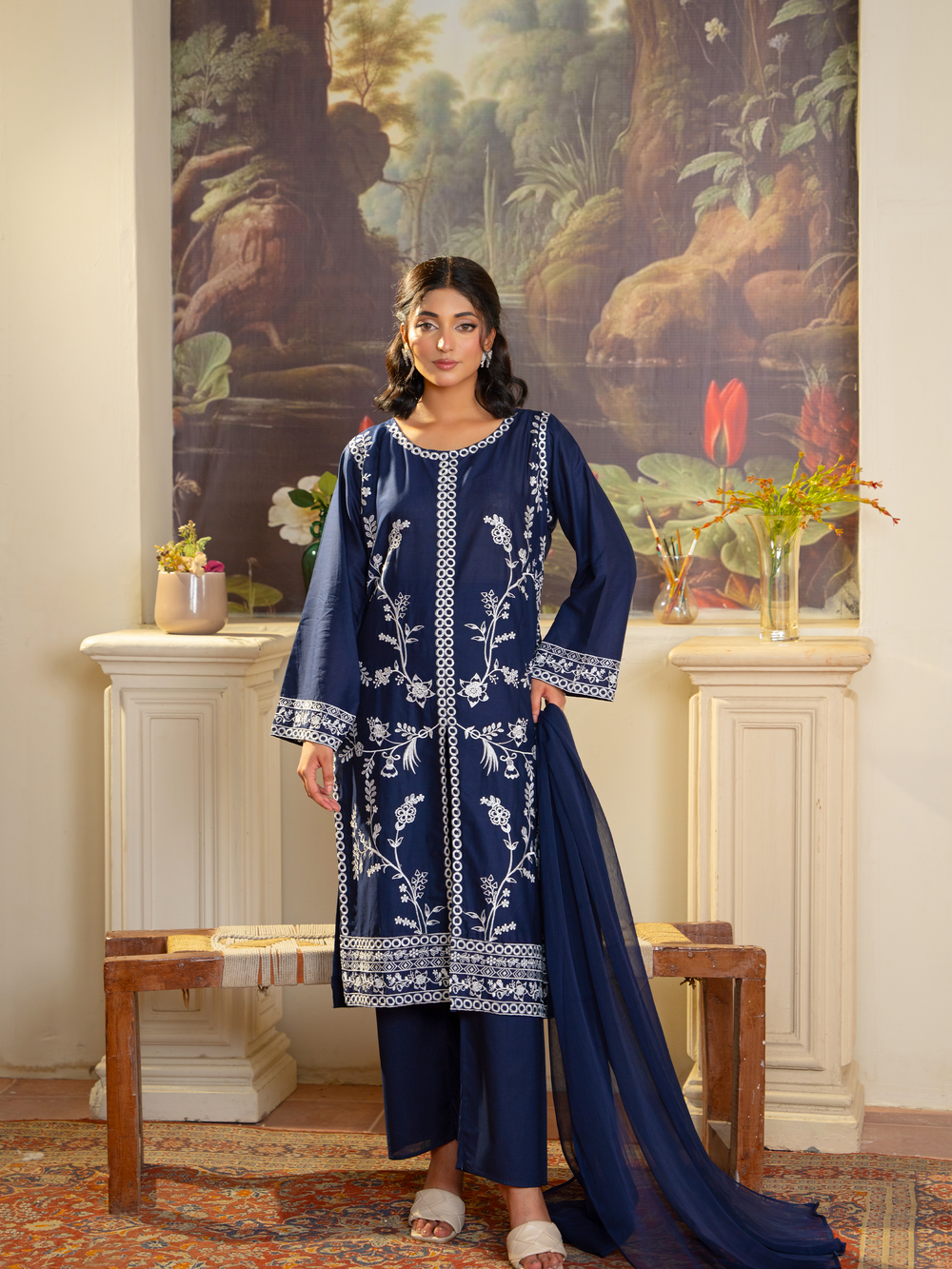 Elegant Navy Blue Embroidered Kurta with Dupatta - Stylish & Comfortable | Kahani 47 - Brands Kahani