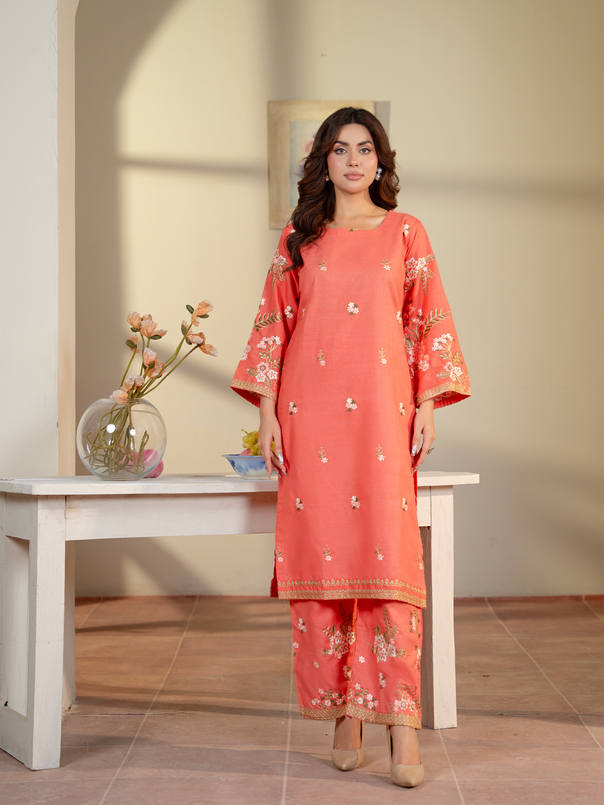 Coral Embroidered Lawn Suit with White Dupatta – Kahani47