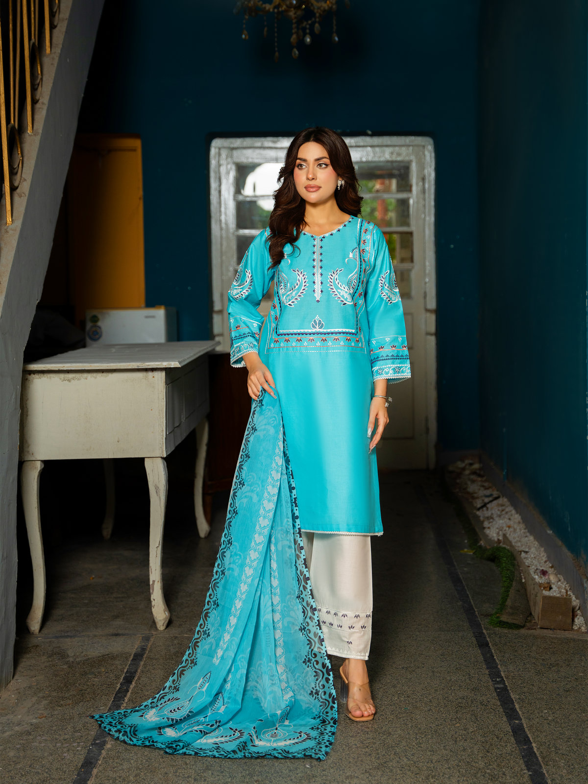 Elegant Turquoise Embroidered Lawn Suit – Kahani47