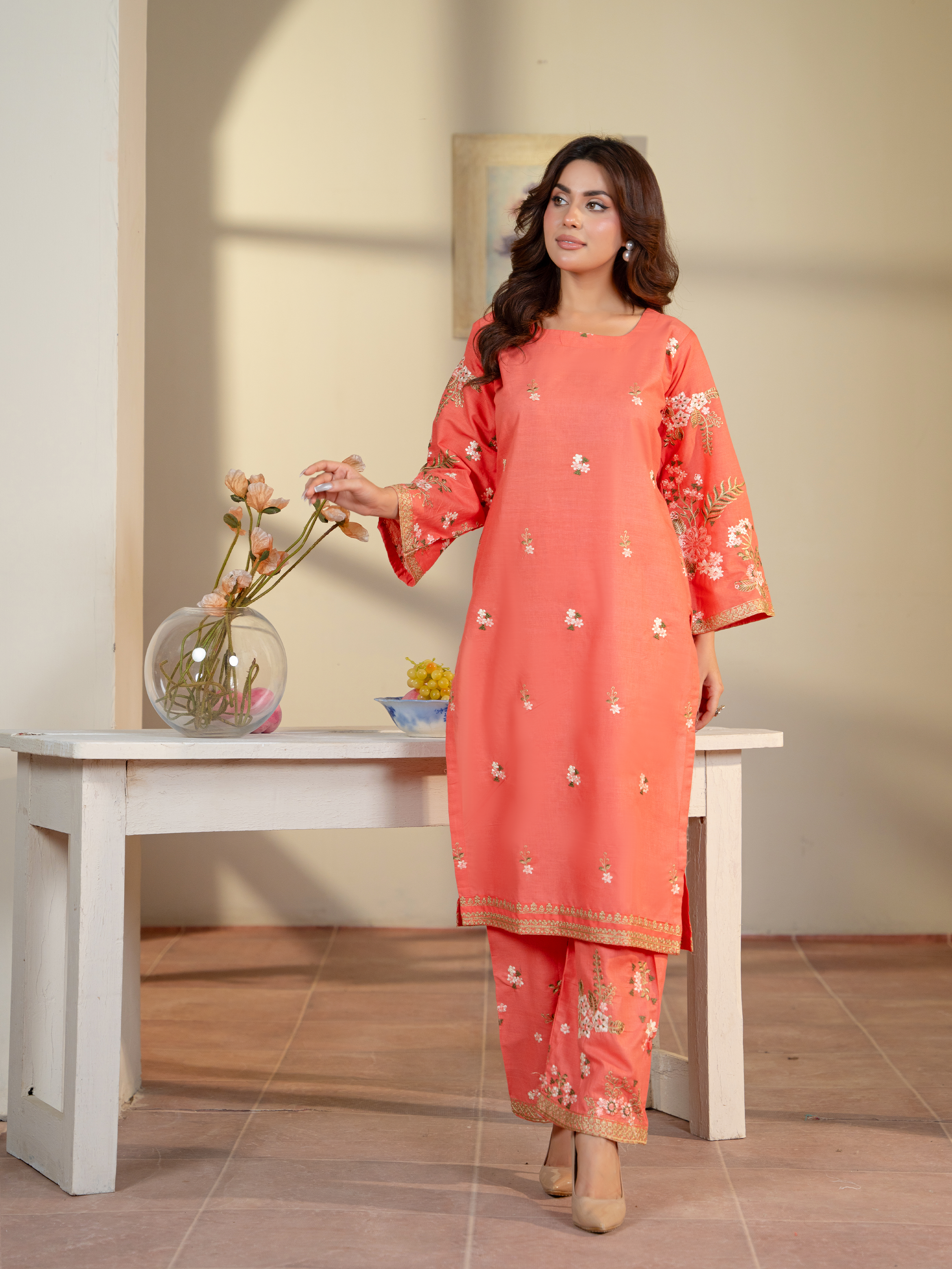 Coral Embroidered Lawn Suit with White Dupatta – Kahani47