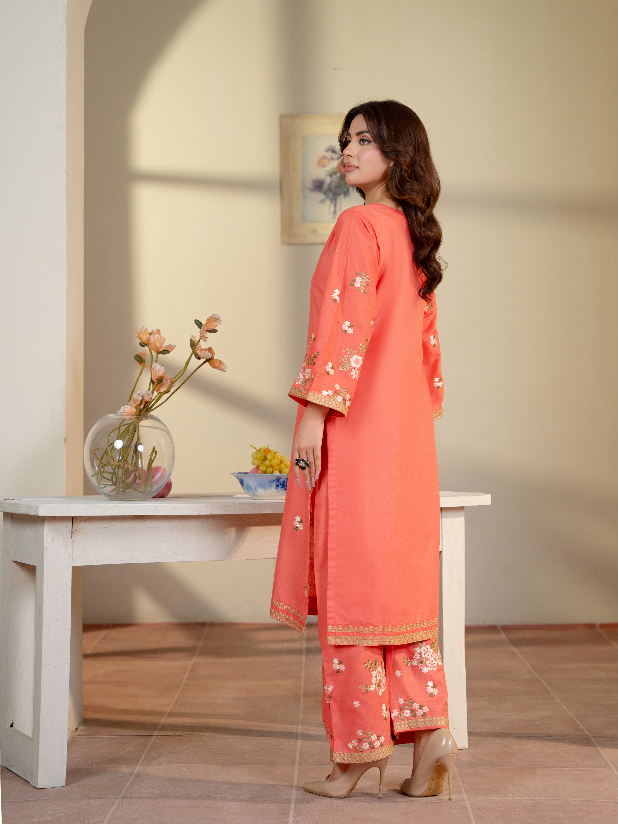 Coral Embroidered Lawn Suit with White Dupatta – Kahani47