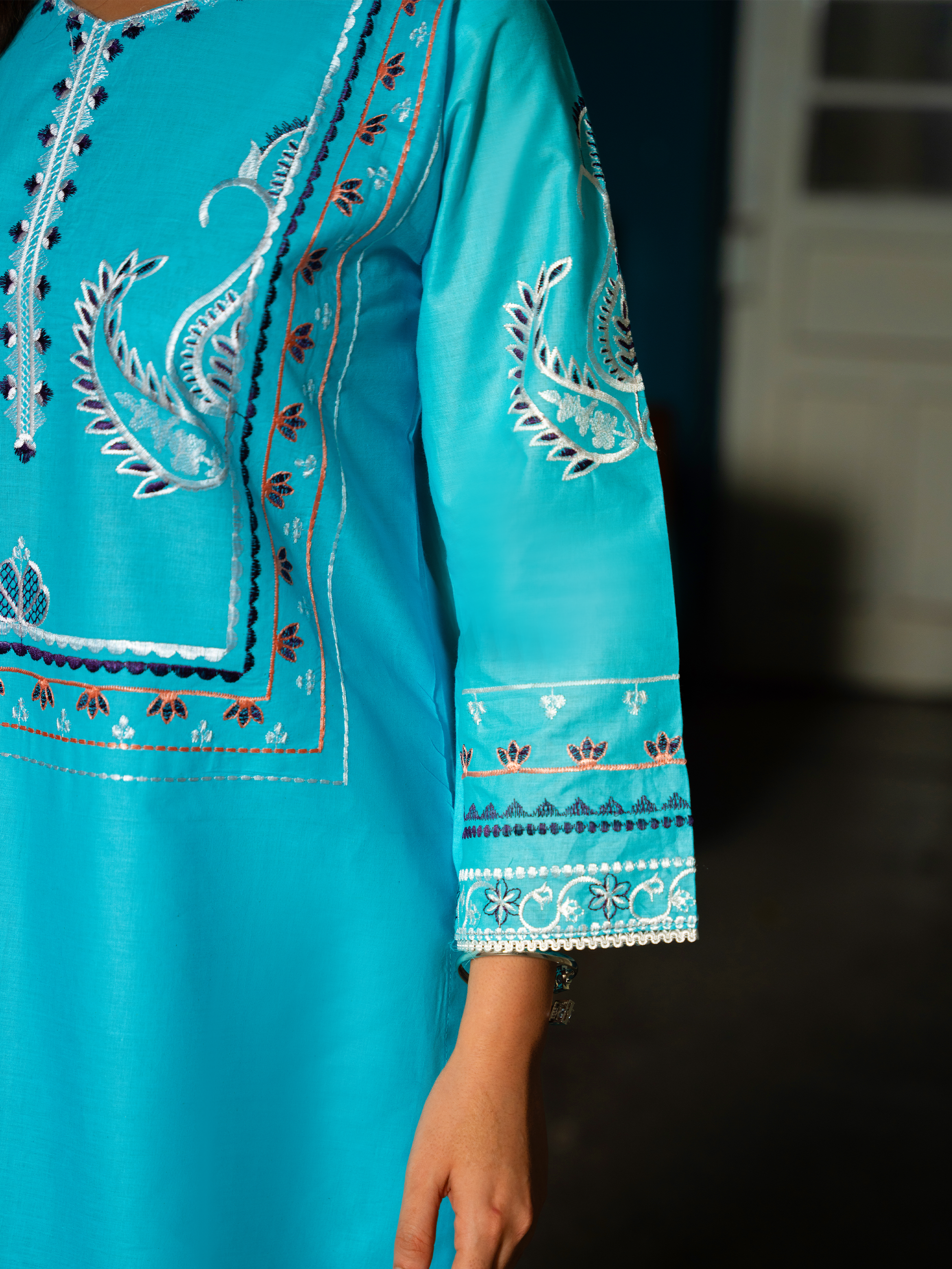 Elegant Turquoise Embroidered Lawn Suit – Kahani47