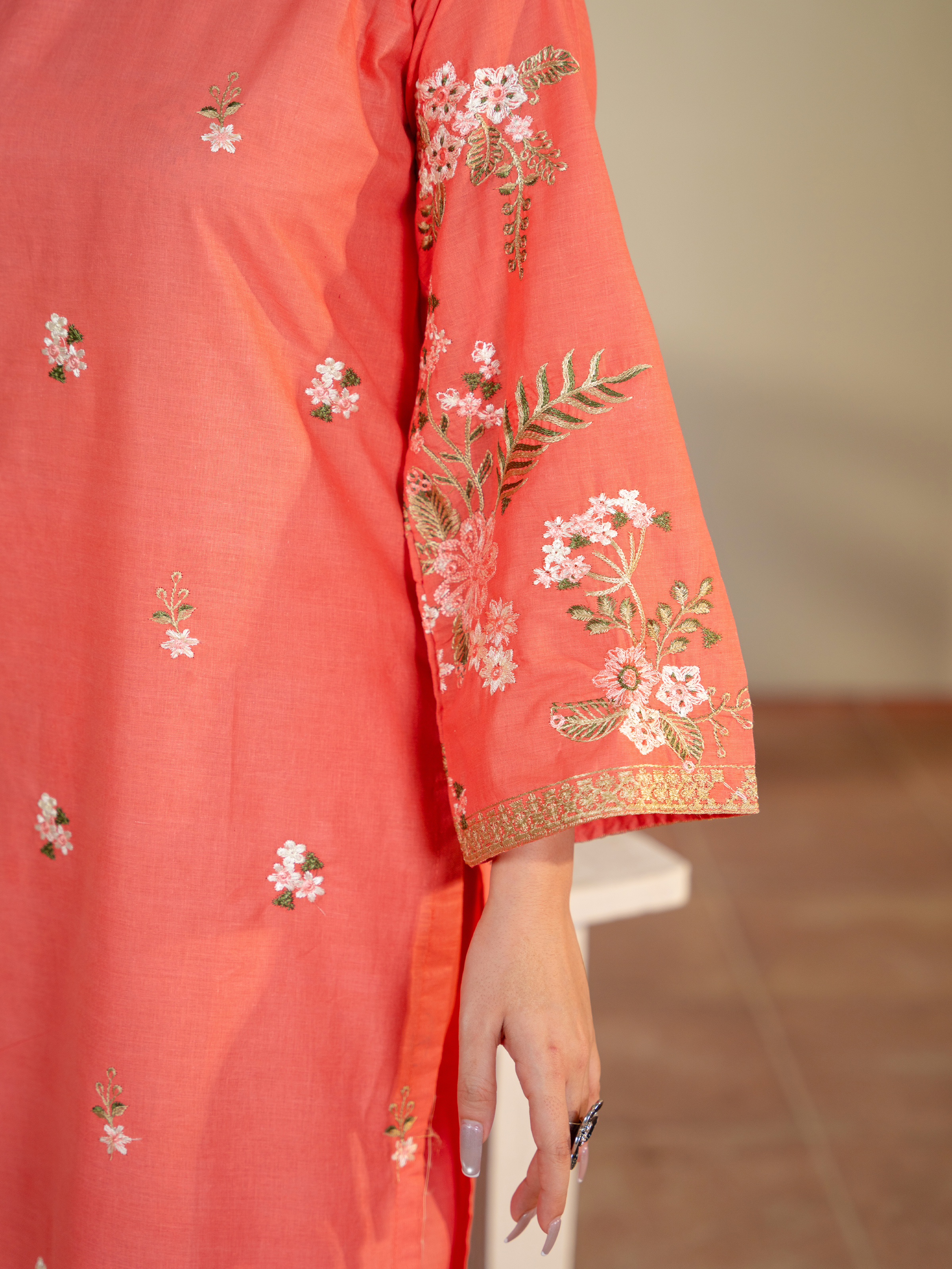 Coral Embroidered Lawn Suit with White Dupatta – Kahani47