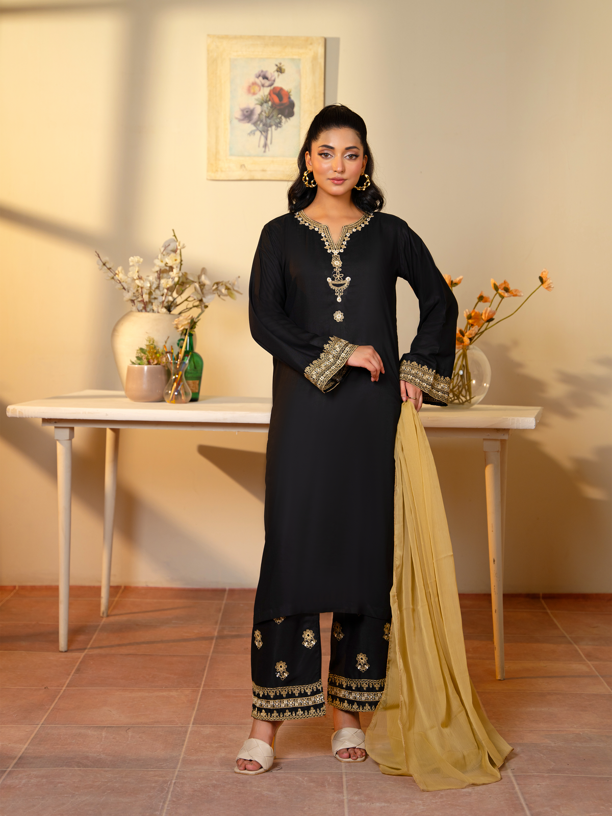 Black & Gold Embroidered 3-Piece Suit – Kahani 47