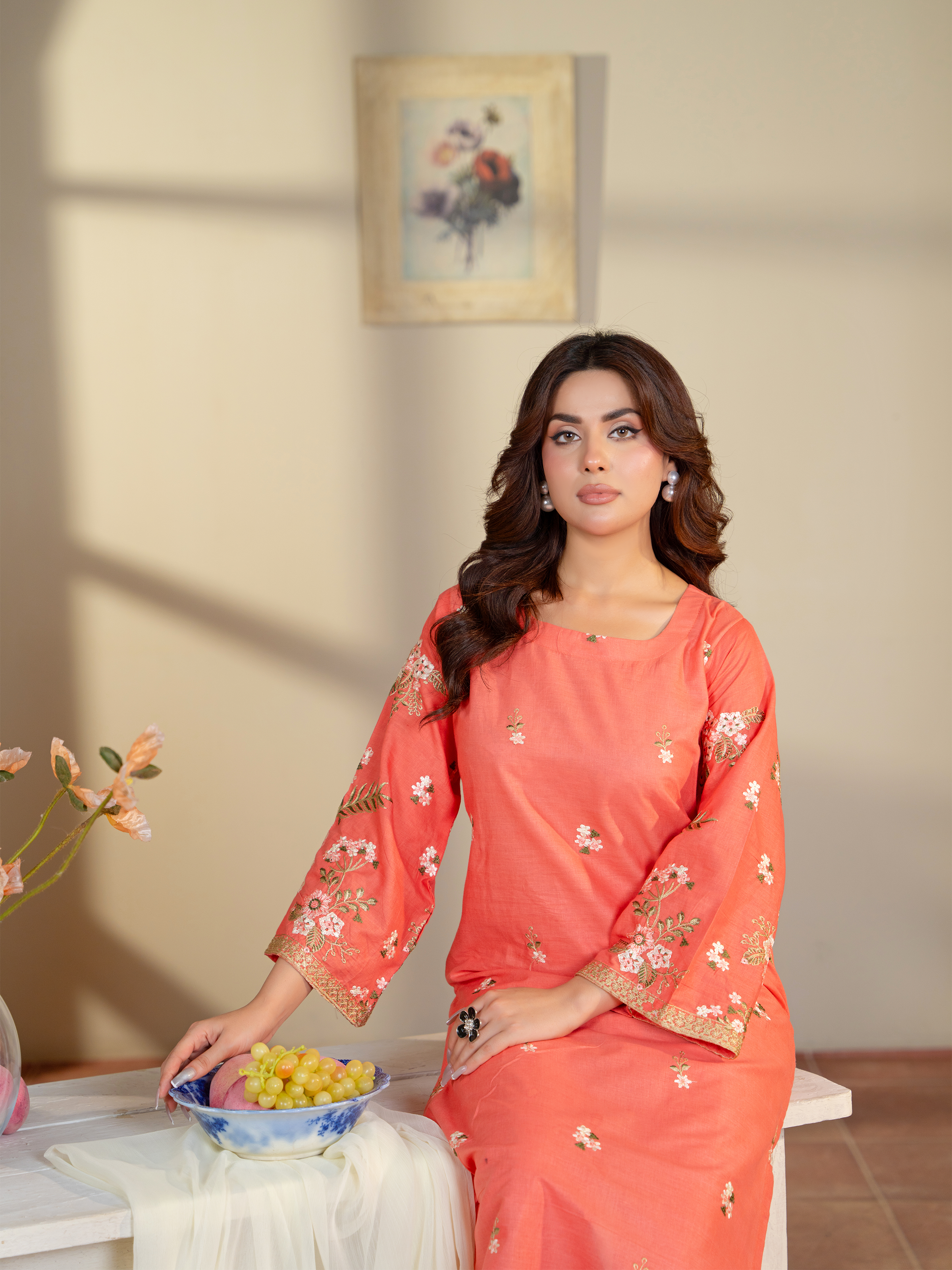 Coral Embroidered Lawn Suit with White Dupatta – Kahani47