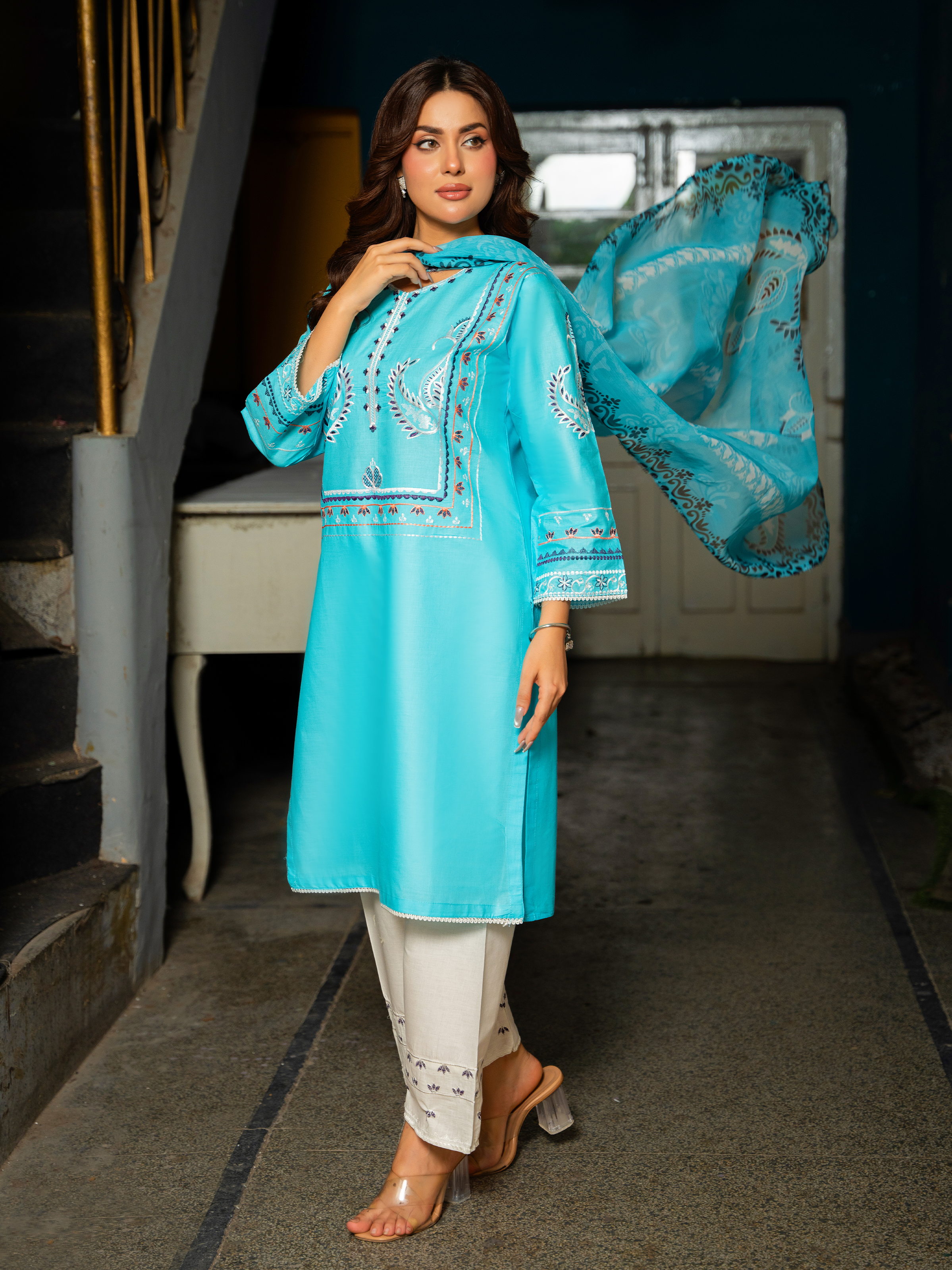 Elegant Turquoise Embroidered Lawn Suit – Kahani47