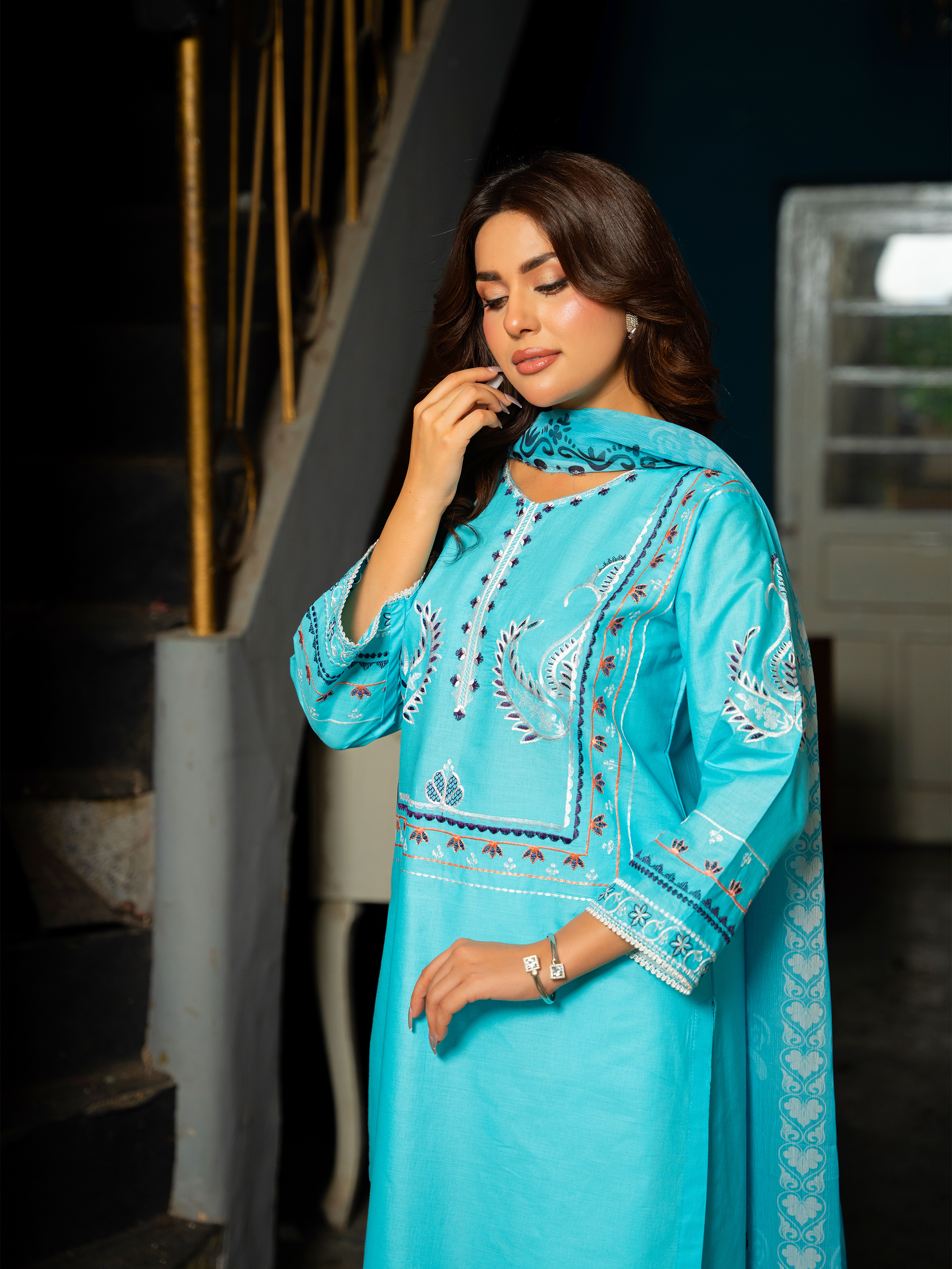 Elegant Turquoise Embroidered Lawn Suit – Kahani47