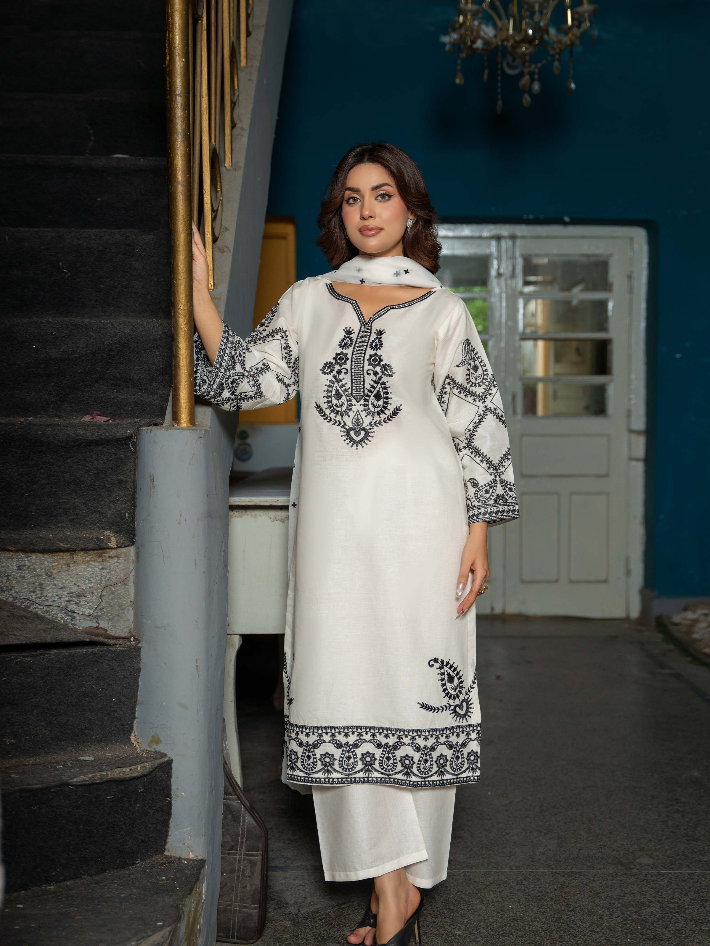 White Black Embroidered Ladies Suit - Kahani47 - Brands Kahani