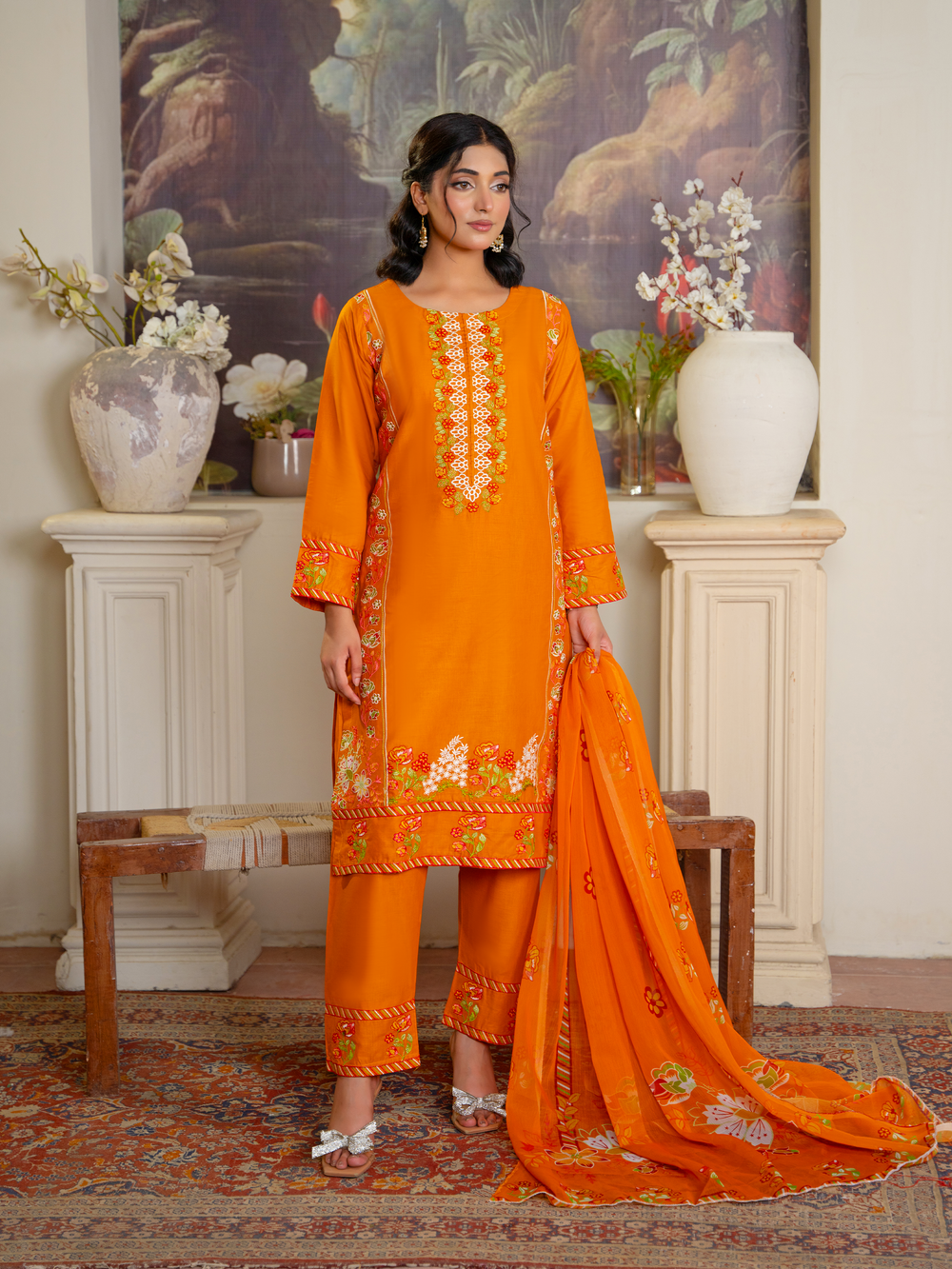 Bright Orange Embroidered Kurta Set with Floral Dupatta - Stylish & Elegant | Kahani 47 - Brands Kahani