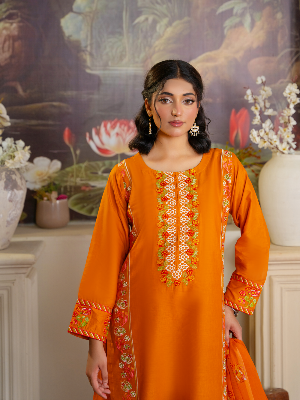 Bright Orange Embroidered Kurta Set with Floral Dupatta - Stylish & Elegant | Kahani 47 - Brands Kahani