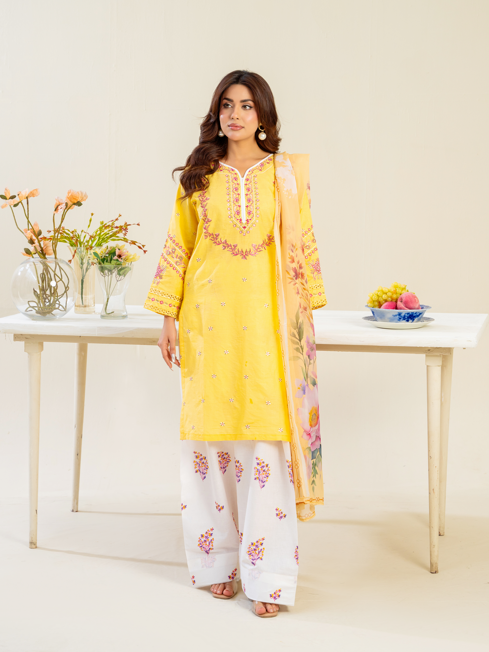 Yellow Embroidered Lawn Suit with Floral Dupatta & White Trousers | Kahani 47 - Brands Kahani