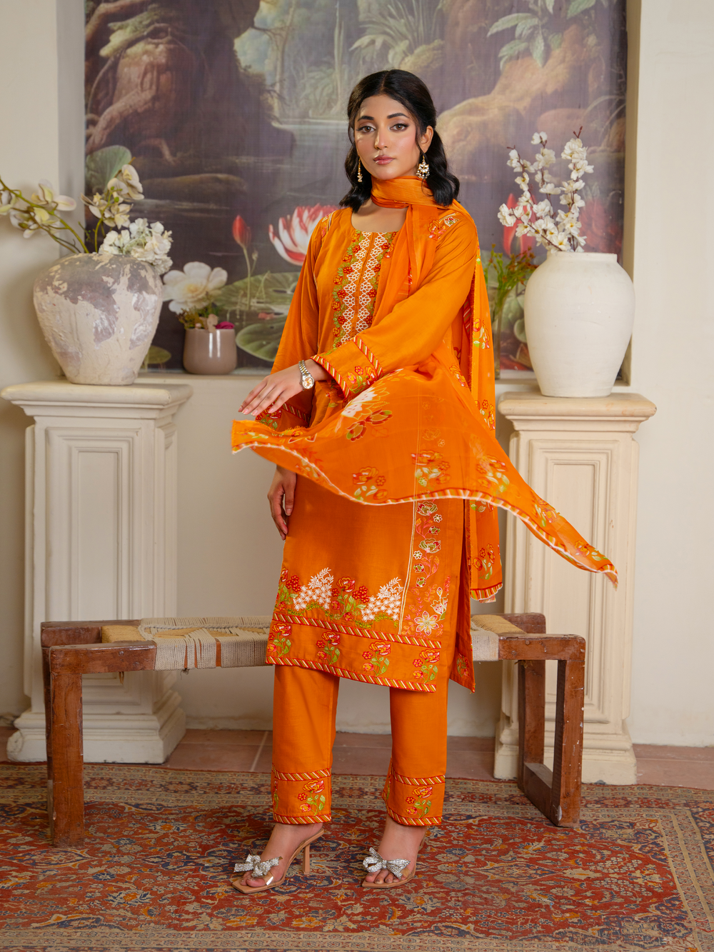 Bright Orange Embroidered Kurta Set with Floral Dupatta - Stylish & Elegant | Kahani 47 - Brands Kahani