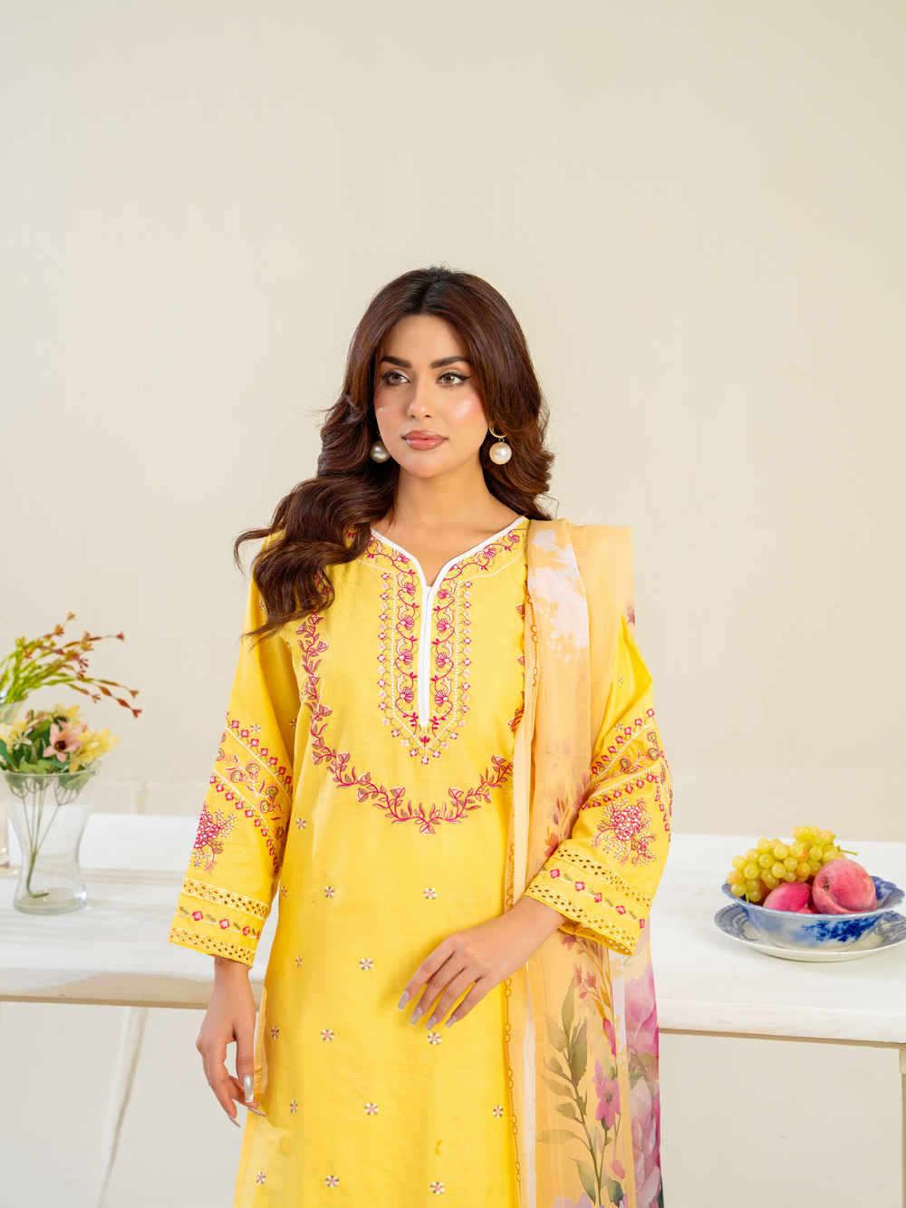 Yellow Embroidered Lawn Suit with Floral Dupatta & White Trousers | Kahani 47 - Brands Kahani