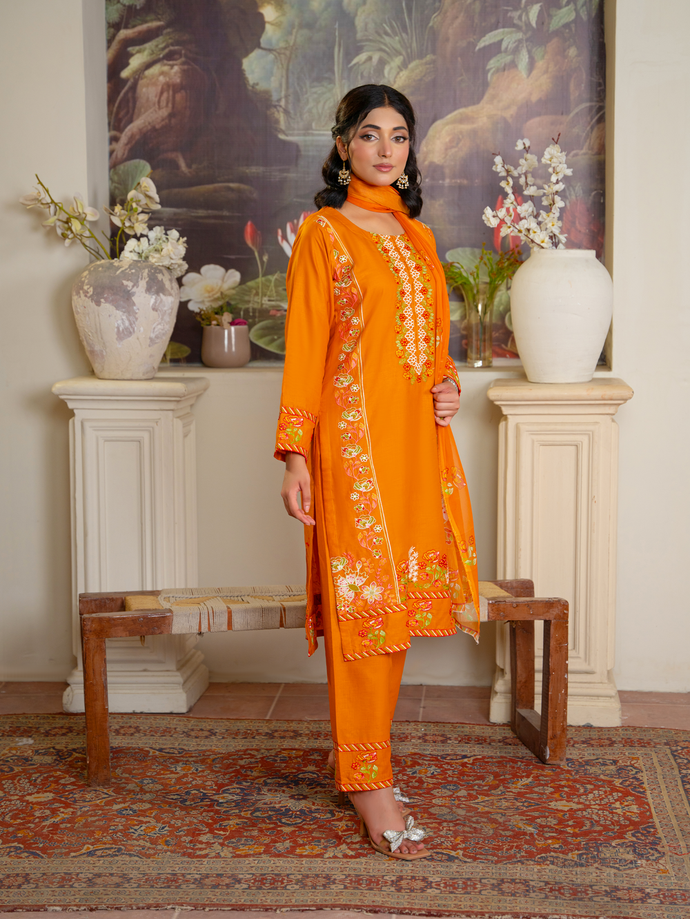 Bright Orange Embroidered Kurta Set with Floral Dupatta - Stylish & Elegant | Kahani 47 - Brands Kahani