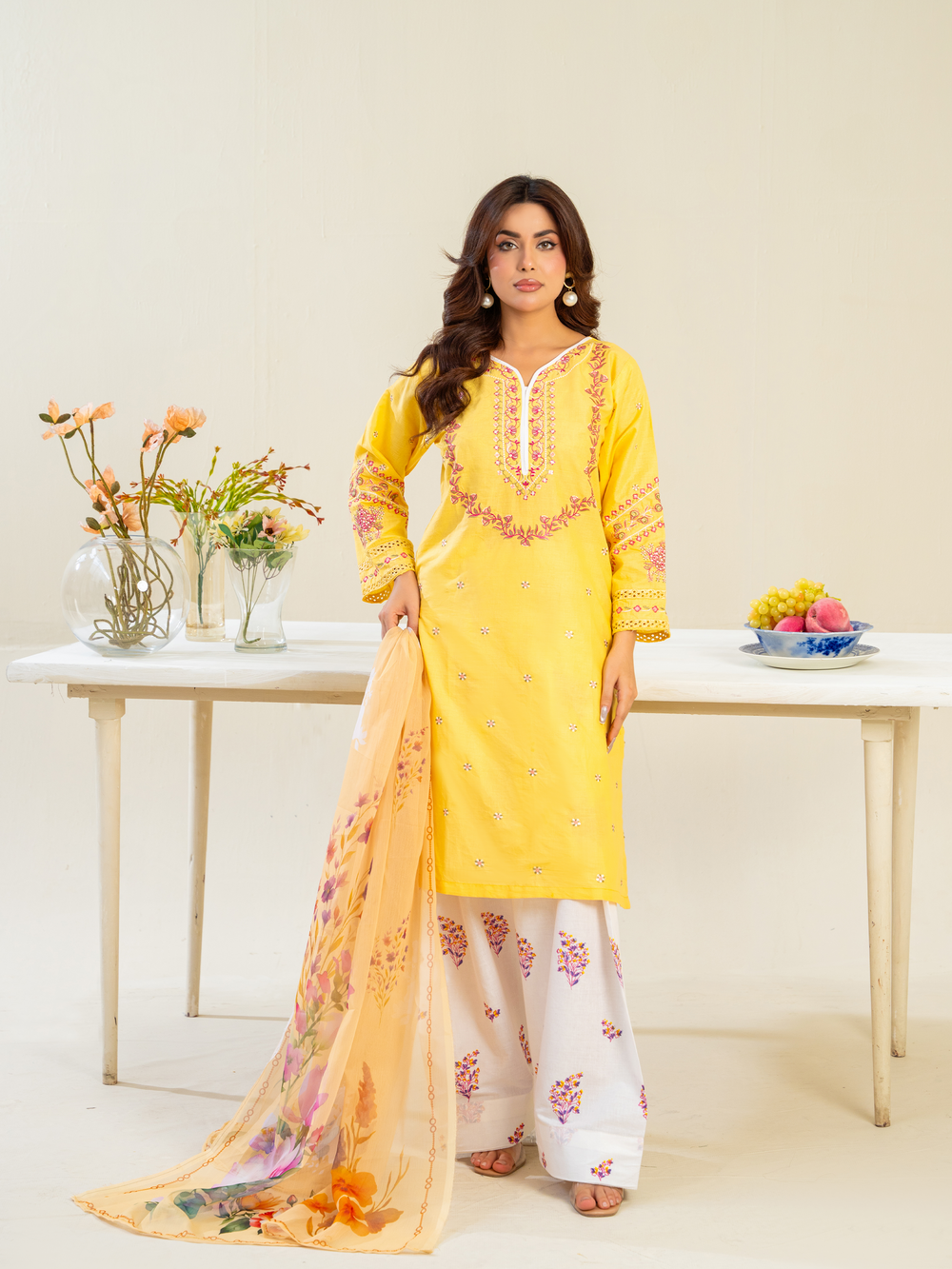 Yellow Embroidered Lawn Suit with Floral Dupatta & White Trousers | Kahani 47 - Brands Kahani