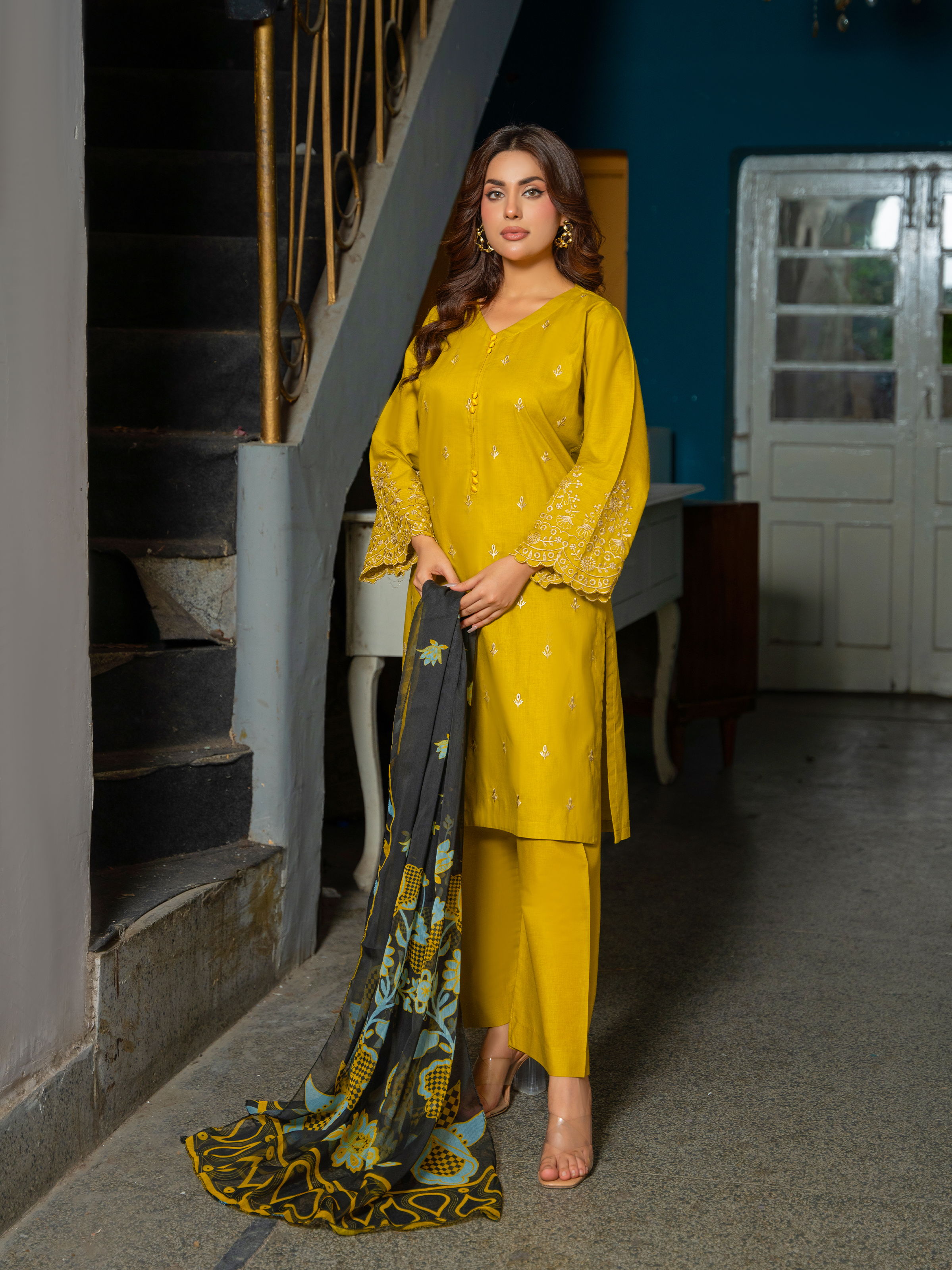 Mustard Yellow Embroidered Lawn 3 Piece Suit with Floral Chiffon Dupatta | Kahani 47