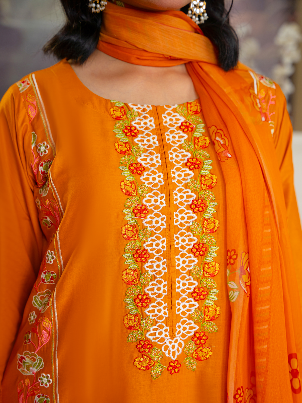 Bright Orange Embroidered Kurta Set with Floral Dupatta - Stylish & Elegant | Kahani 47 - Brands Kahani