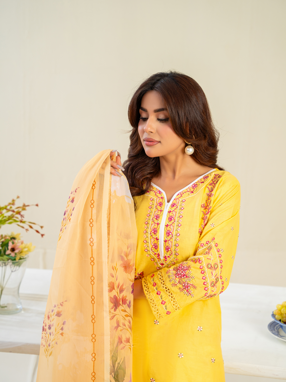 Yellow Embroidered Lawn Suit with Floral Dupatta & White Trousers | Kahani 47 - Brands Kahani