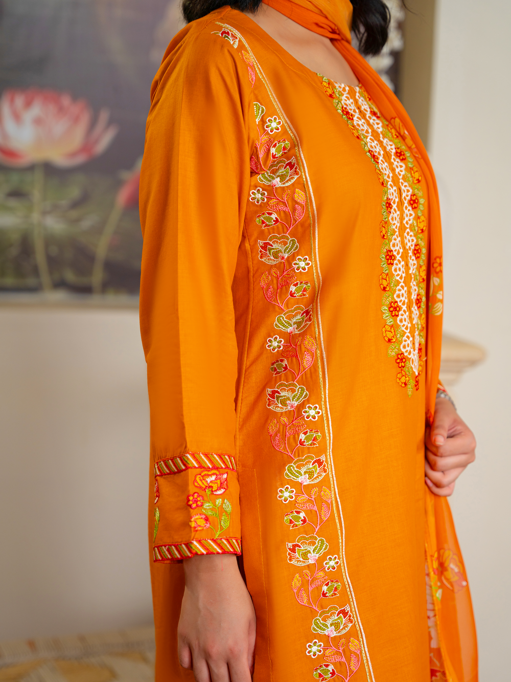 Bright Orange Embroidered Kurta Set with Floral Dupatta - Stylish & Elegant | Kahani 47 - Brands Kahani