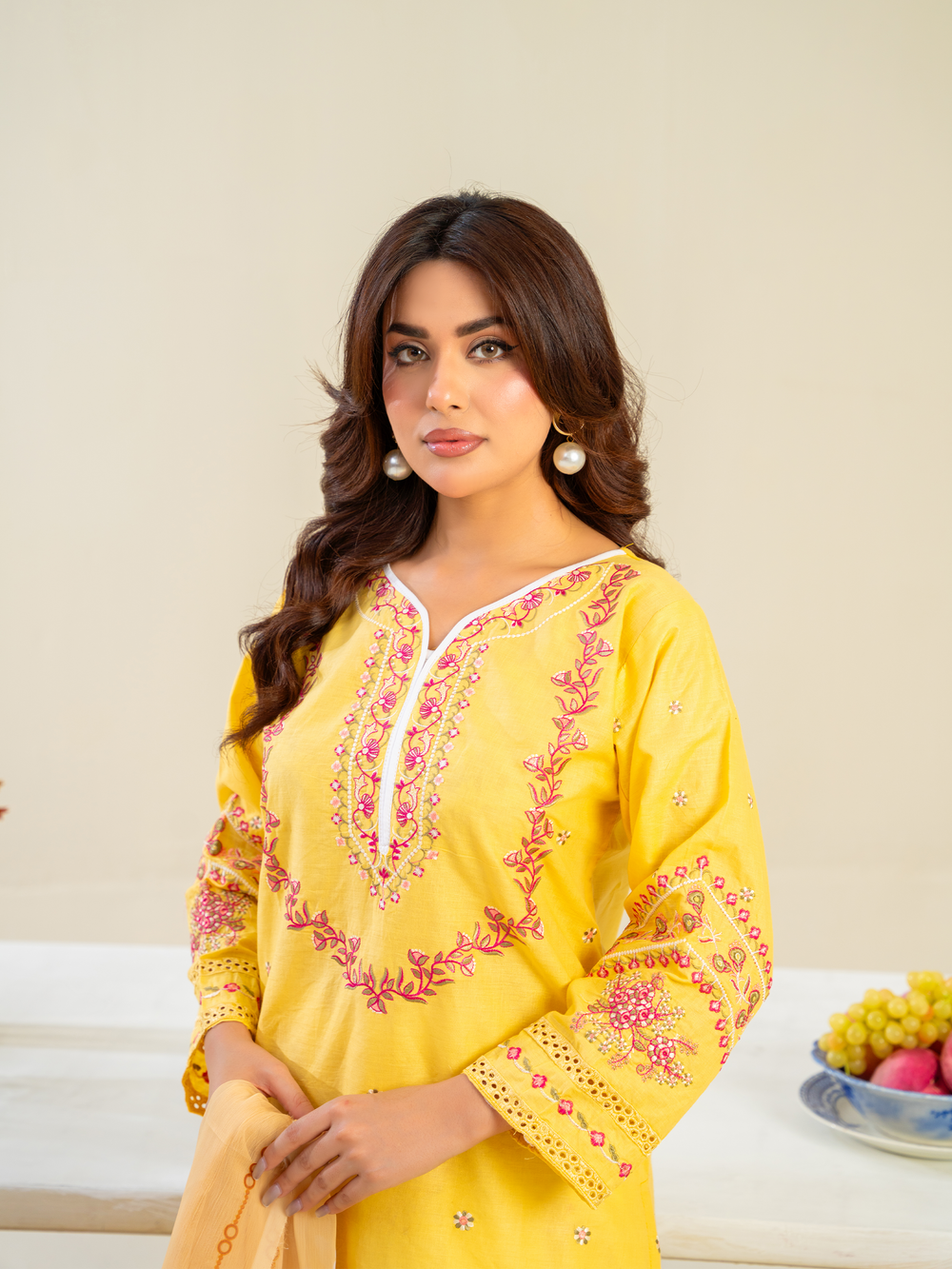 Yellow Embroidered Lawn Suit with Floral Dupatta & White Trousers | Kahani 47 - Brands Kahani