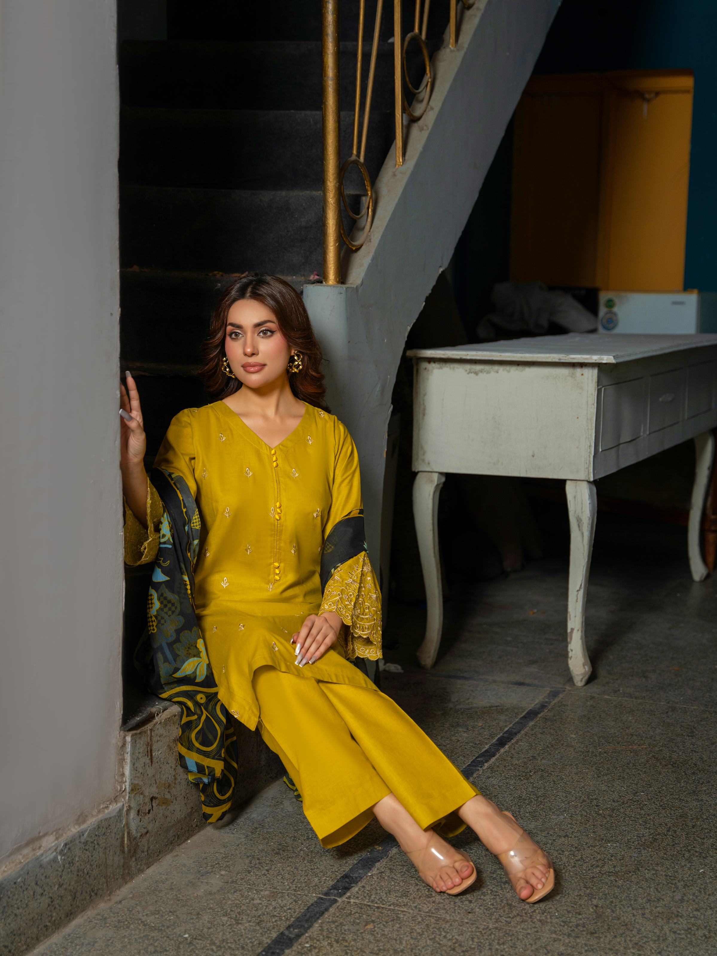 Mustard Yellow Embroidered Lawn 3 Piece Suit with Floral Chiffon Dupatta | Kahani 47