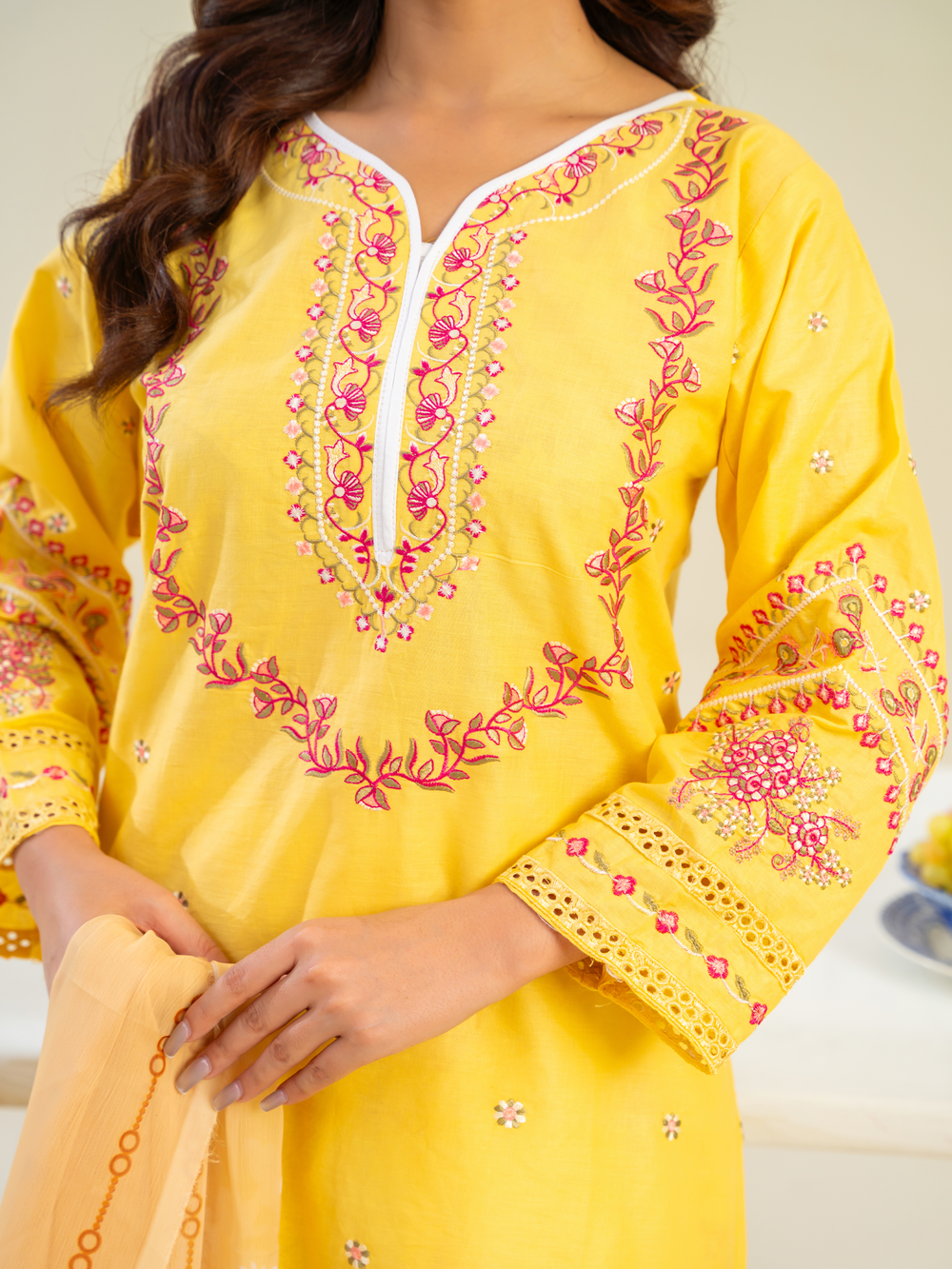 Yellow Embroidered Lawn Suit with Floral Dupatta & White Trousers | Kahani 47 - Brands Kahani