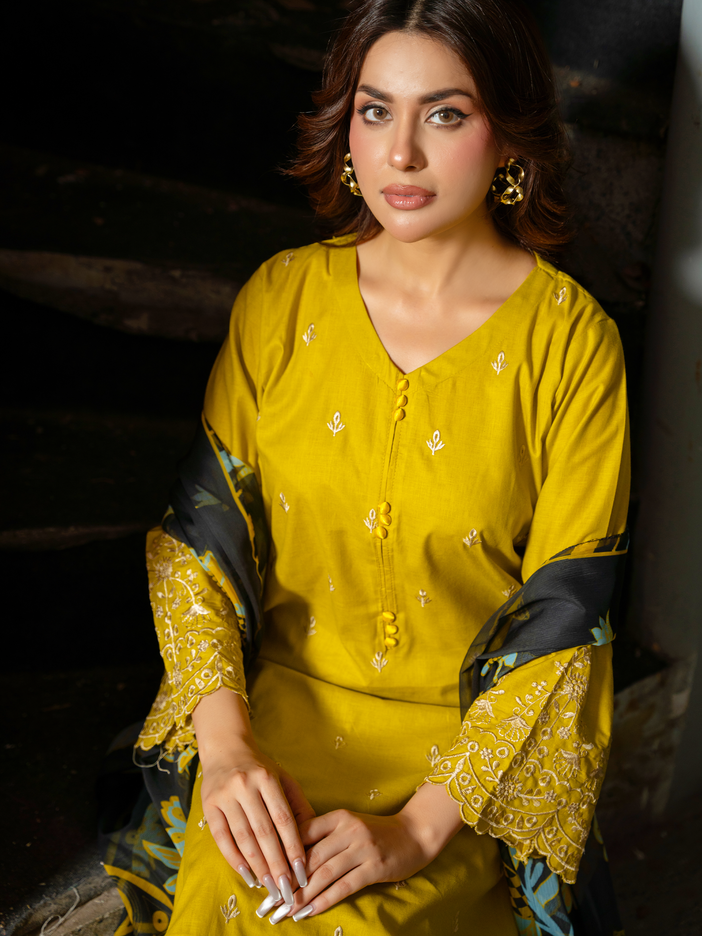 Mustard Yellow Embroidered Lawn 3 Piece Suit with Floral Chiffon Dupatta | Kahani 47