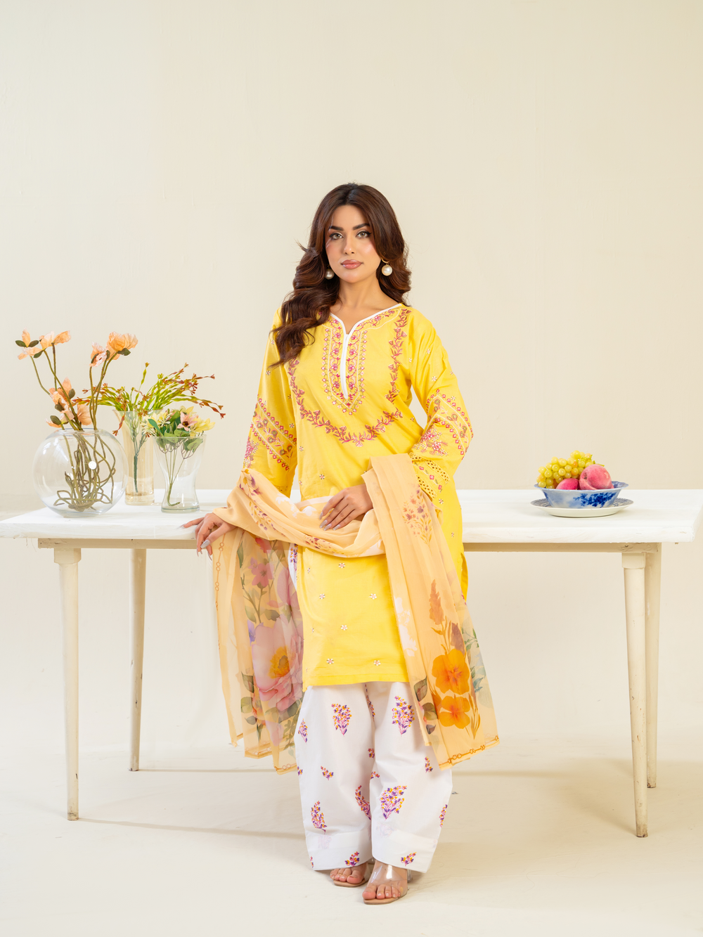 Yellow Embroidered Lawn Suit with Floral Dupatta & White Trousers | Kahani 47 - Brands Kahani
