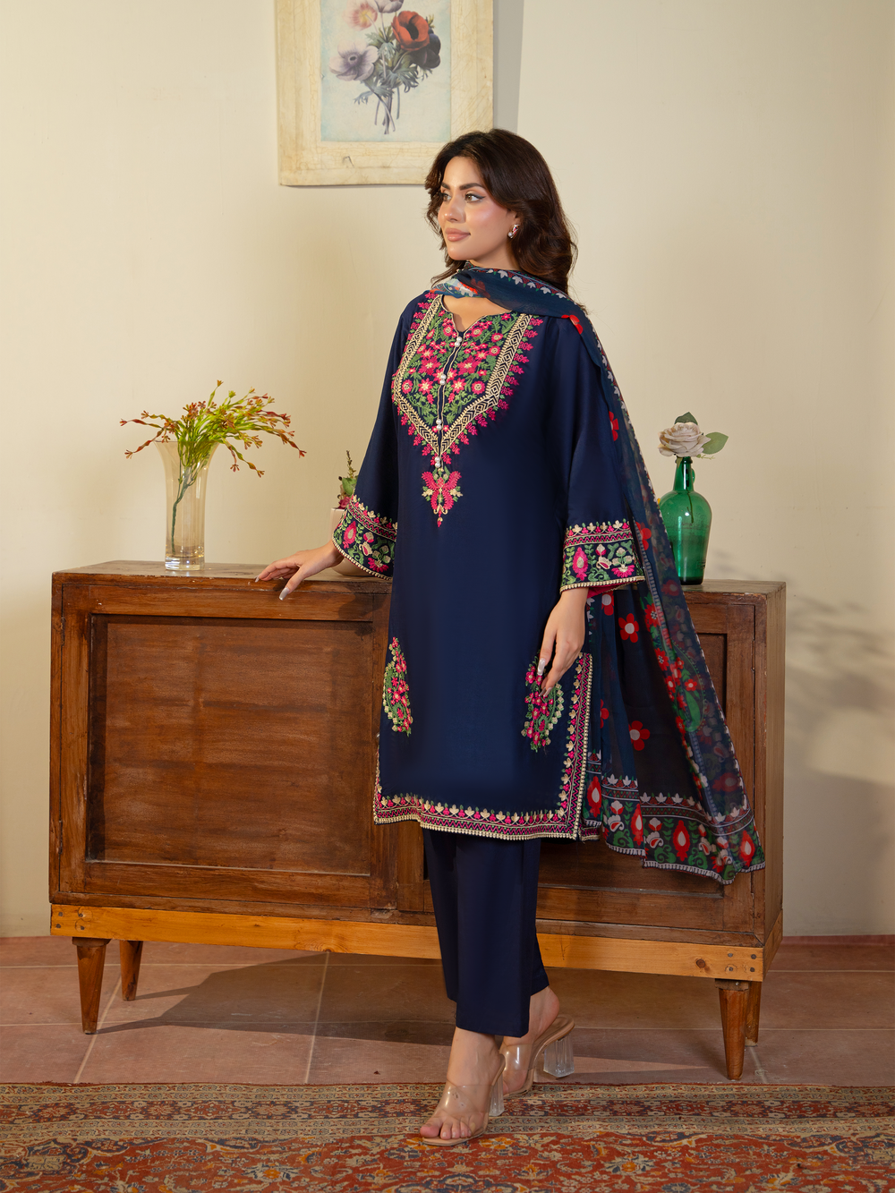 Navy Blue Embroidered Lawn Suit with Floral Dupatta & Trousers | Kahani 47 - Brands Kahani