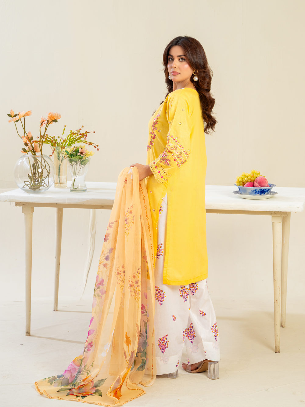 Yellow Embroidered Lawn Suit with Floral Dupatta & White Trousers | Kahani 47 - Brands Kahani