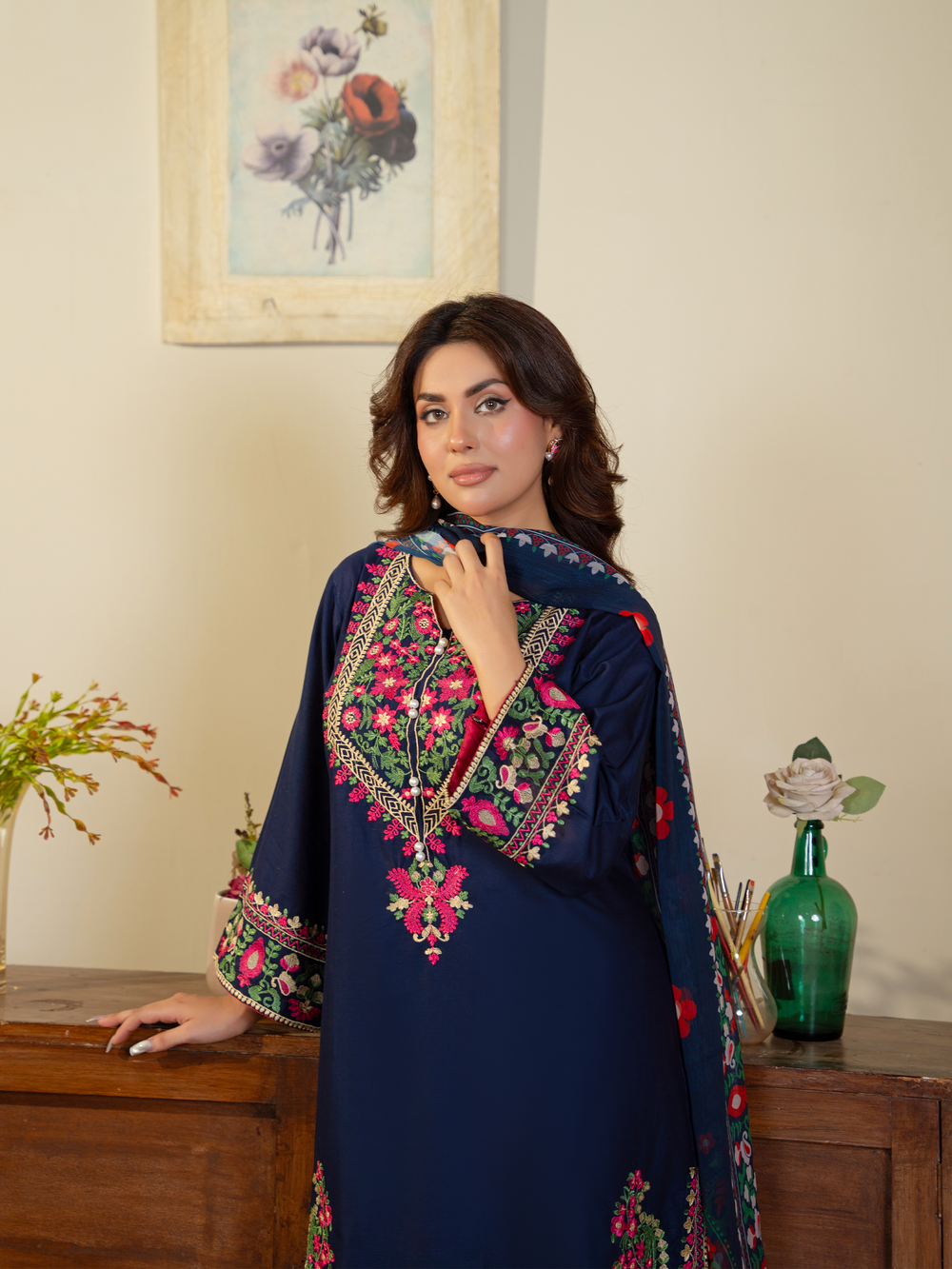 Navy Blue Embroidered Lawn Suit with Floral Dupatta & Trousers | Kahani 47 - Brands Kahani