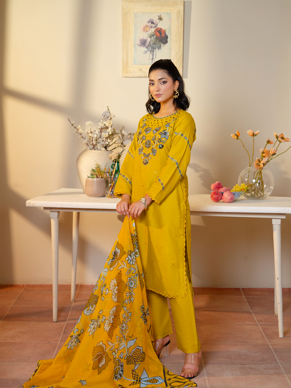 Embroidered Mustard Yellow Lawn 3 Piece Suit | Kahani47 - Brands Kahani