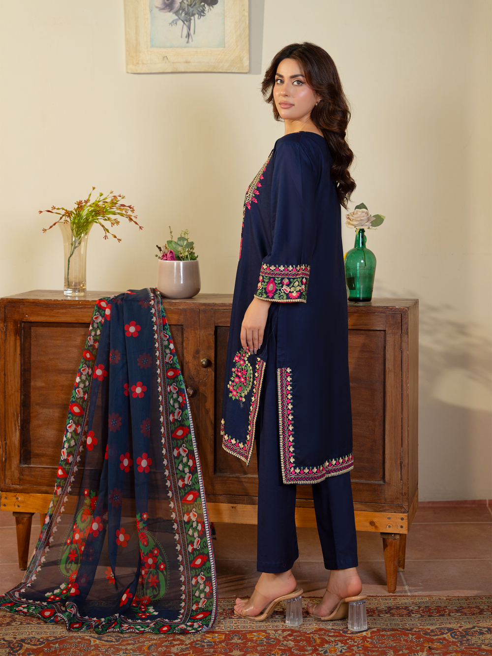 Navy Blue Embroidered Lawn Suit with Floral Dupatta & Trousers | Kahani 47 - Brands Kahani