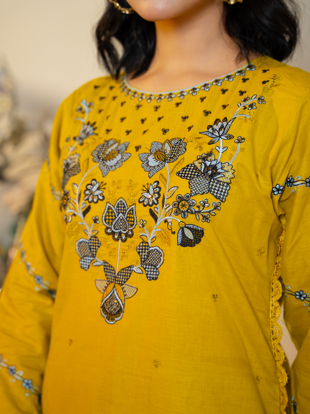 Embroidered Mustard Yellow Lawn 3 Piece Suit | Kahani47 - Brands Kahani