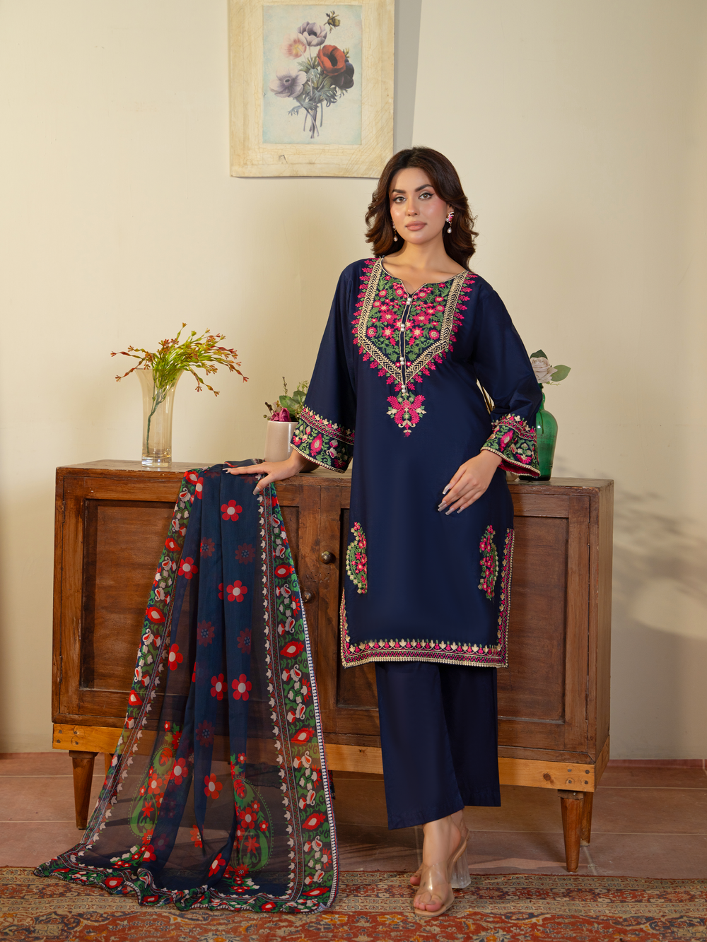 Navy Blue Embroidered Lawn Suit with Floral Dupatta & Trousers | Kahani 47 - Brands Kahani