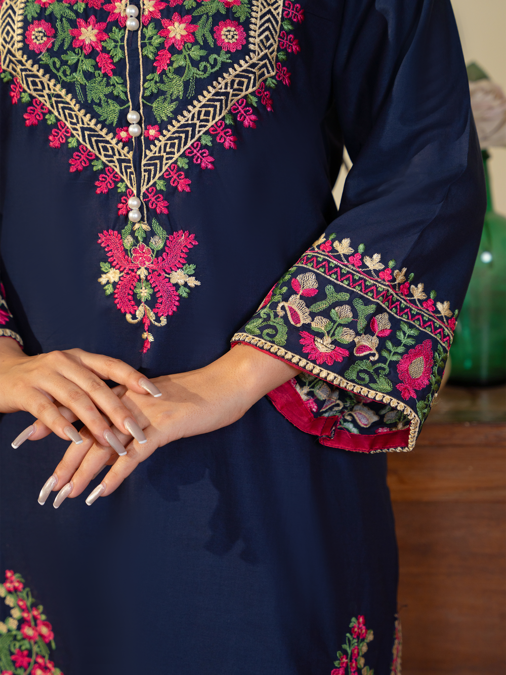 Navy Blue Embroidered Lawn Suit with Floral Dupatta & Trousers | Kahani 47 - Brands Kahani